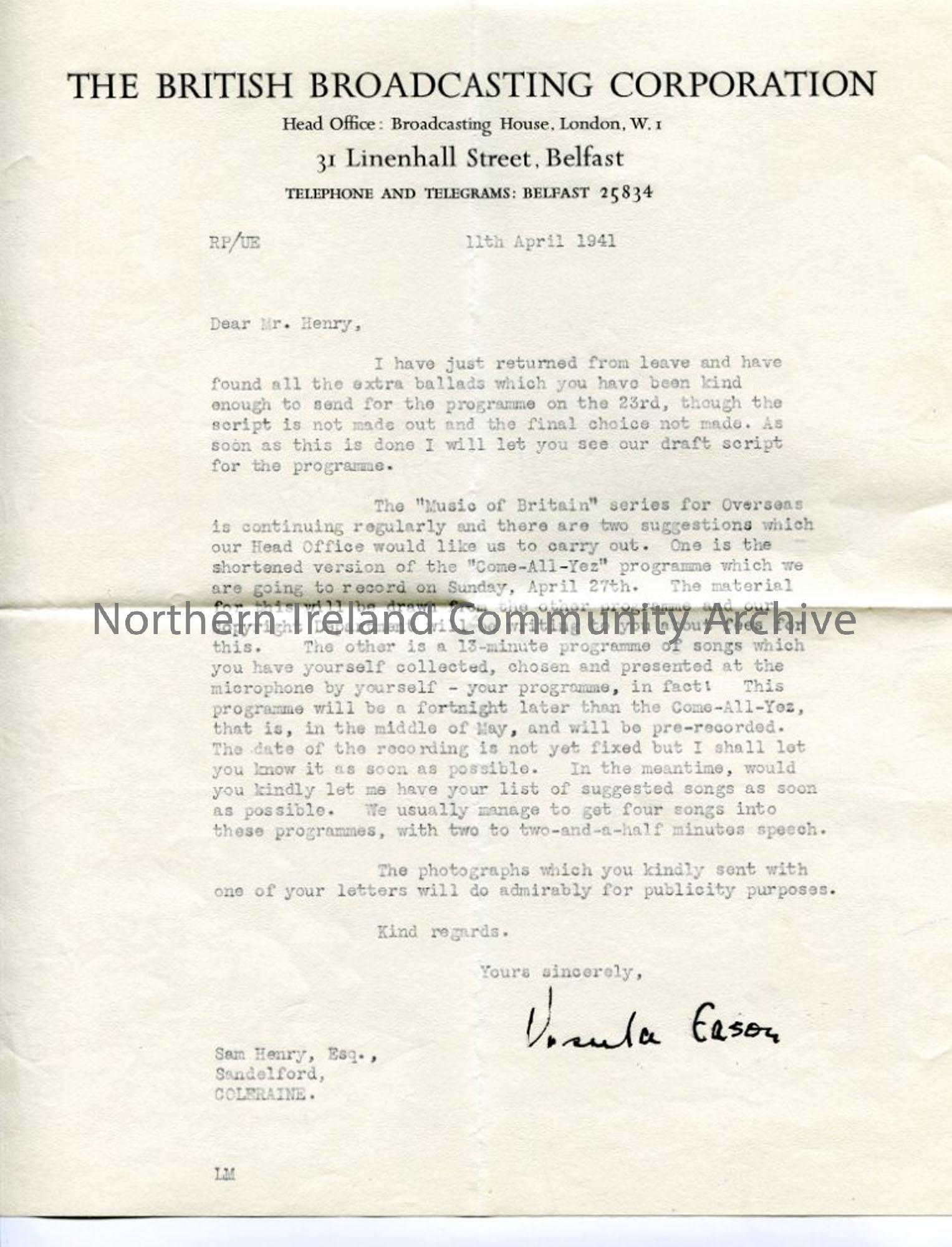 Letter from Ursula Eason of the BBC, dated 11.4.1941