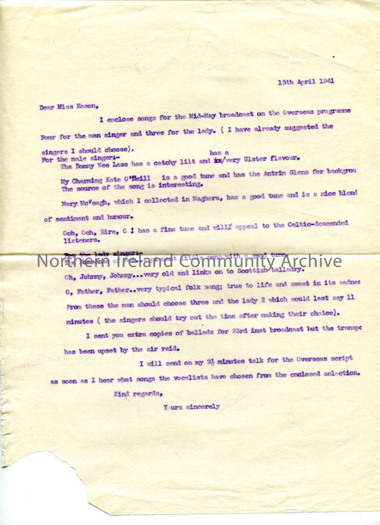 Letter to Miss Eason of the BBC from Sam, dated 15.4.1941