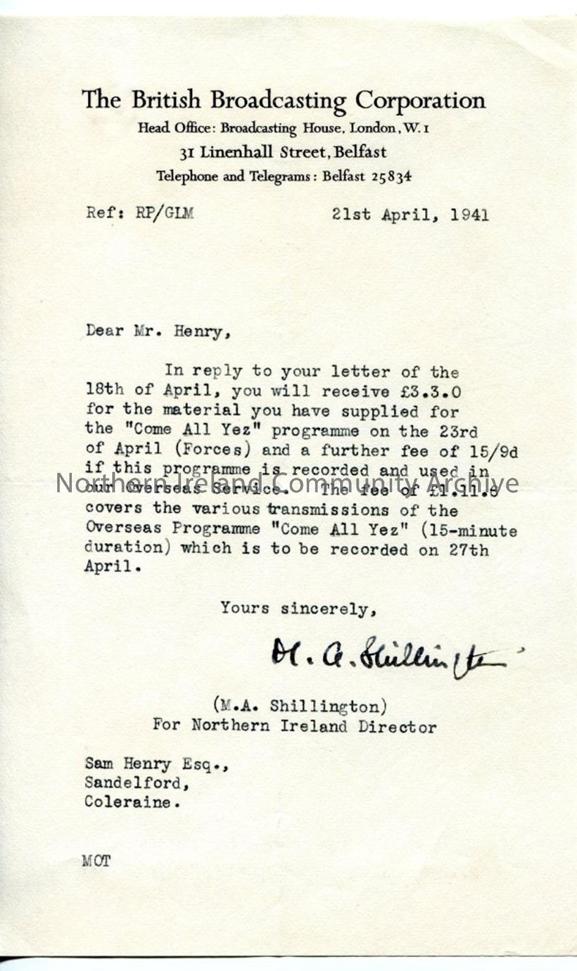 Letter from M A Shillington of the BBC, dated 21.4.1941