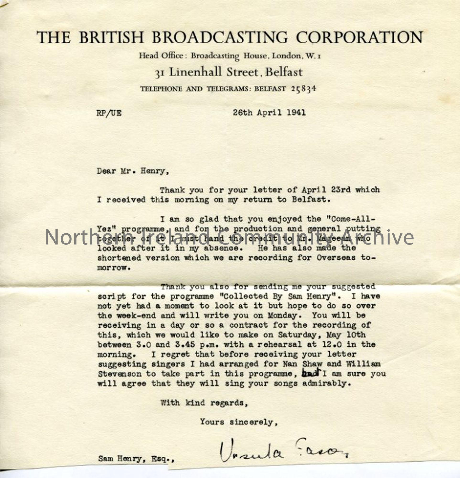 Letter from Ursula Eason of the BBC, dated 26.4.1941