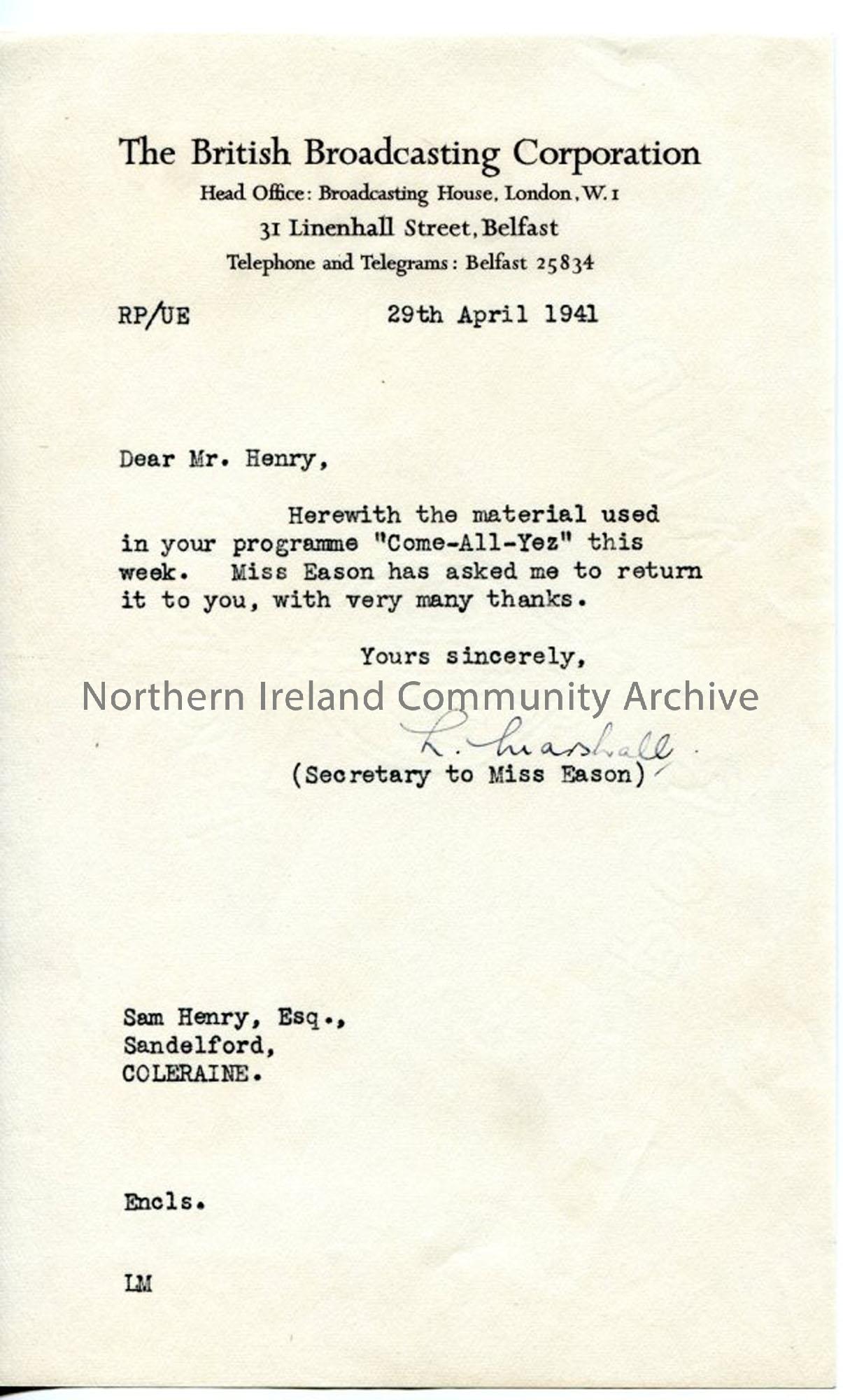 Letter from L Marshall of the BBC, dated 29.4.1941