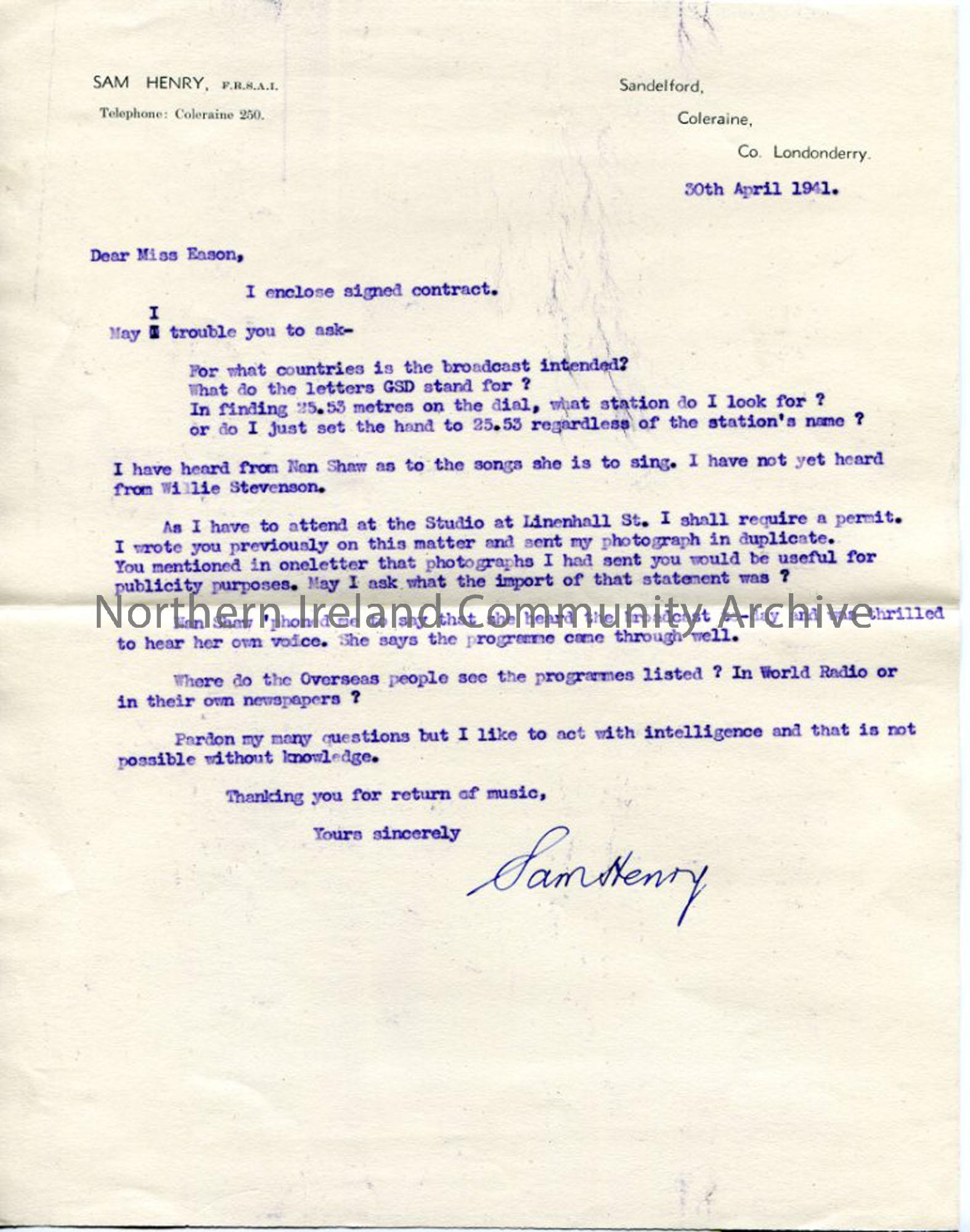 Letter to Miss Eason of the BBC from Sam Henry, dated 30.4.1941