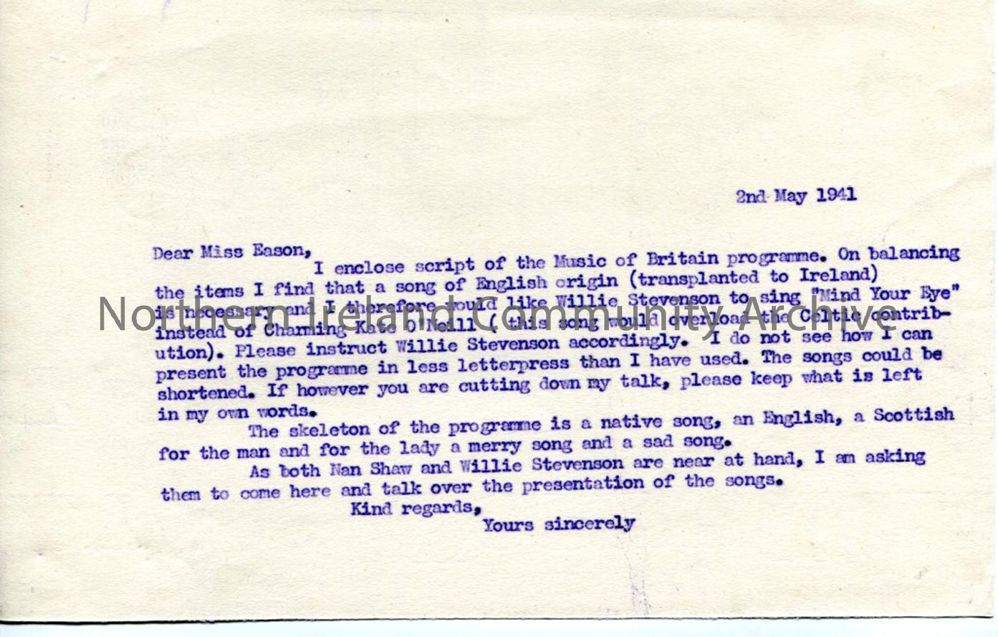 Letter to Miss Eason of the BBC from Sam Henry, dated 2.5.1941