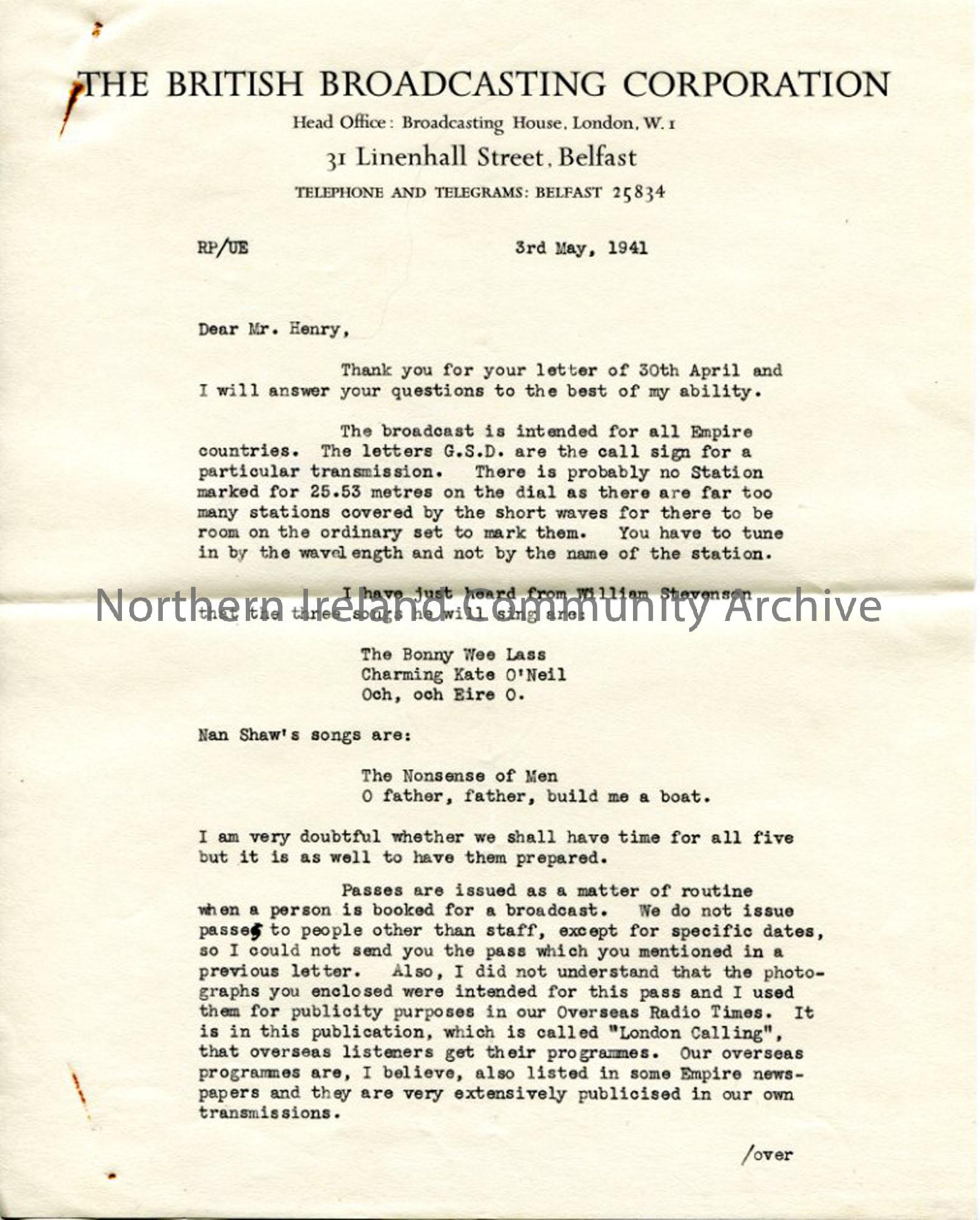 Page 1 of 2 – Letter from Ursula Eason of the BBC, dated 3.5.1941