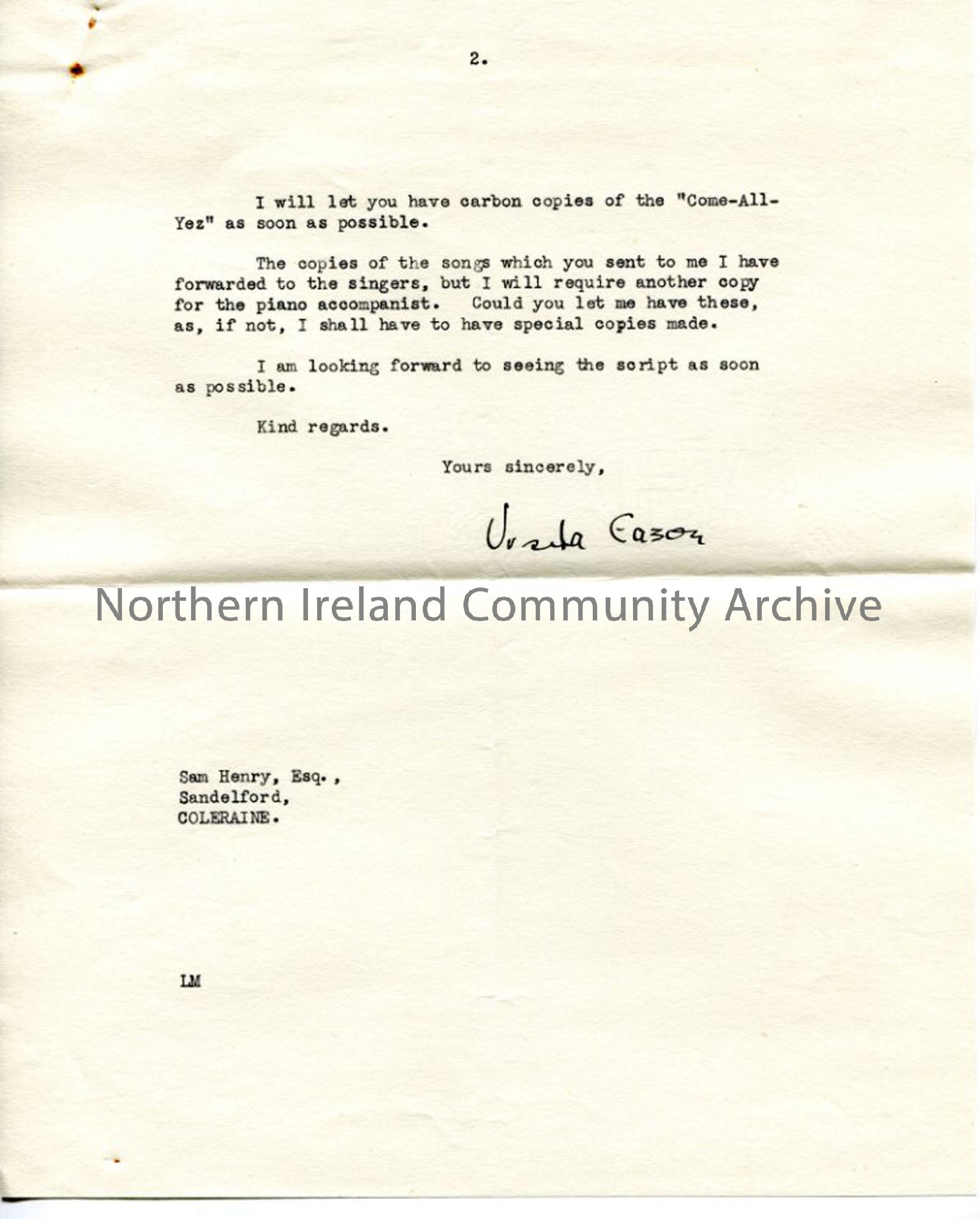 Page 2 of 2 – Letter from Ursula Eason of the BBC, dated 3.5.1941