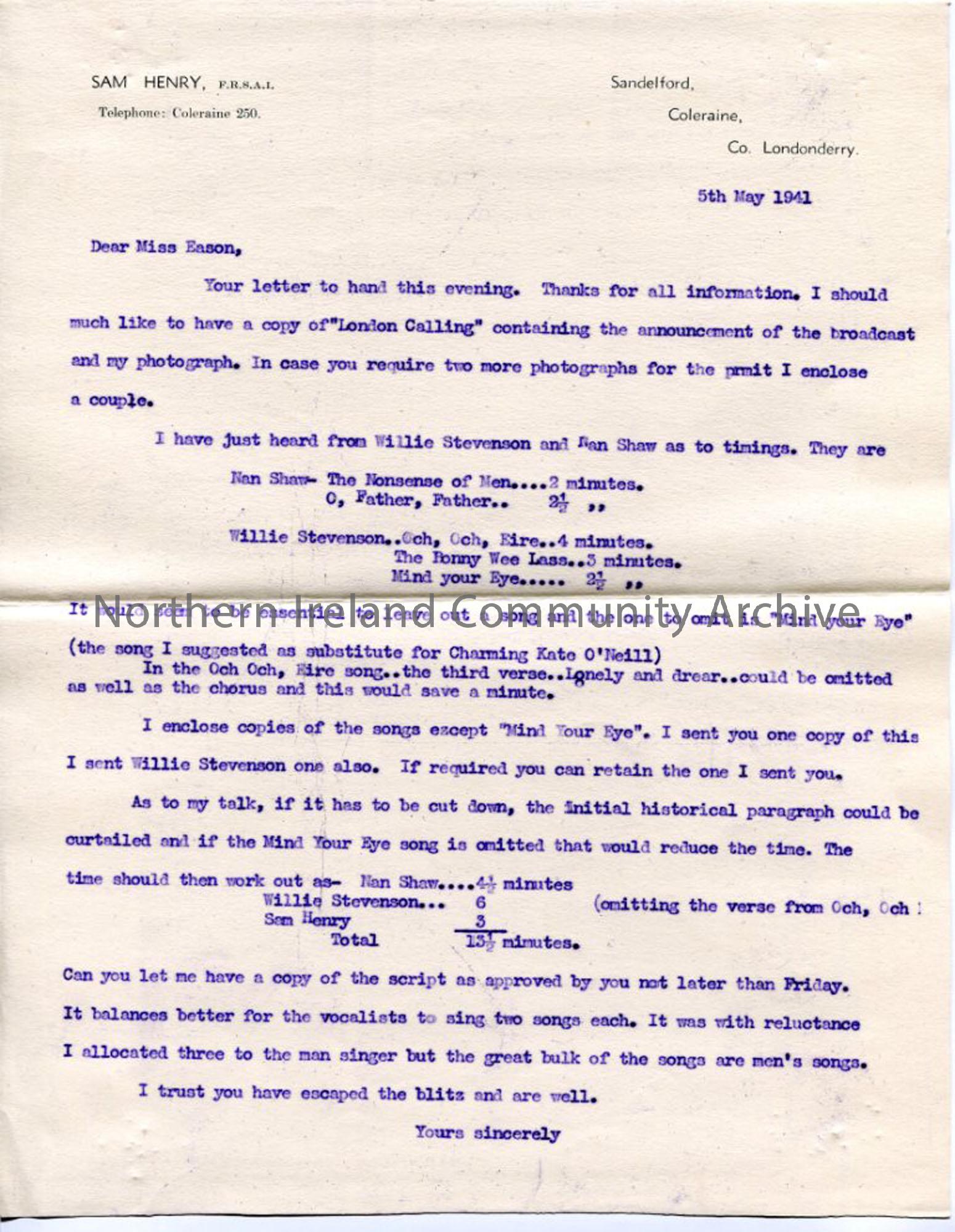 Letter to Miss Eason of the BBC from Sam Henry, dated 5.5.1941