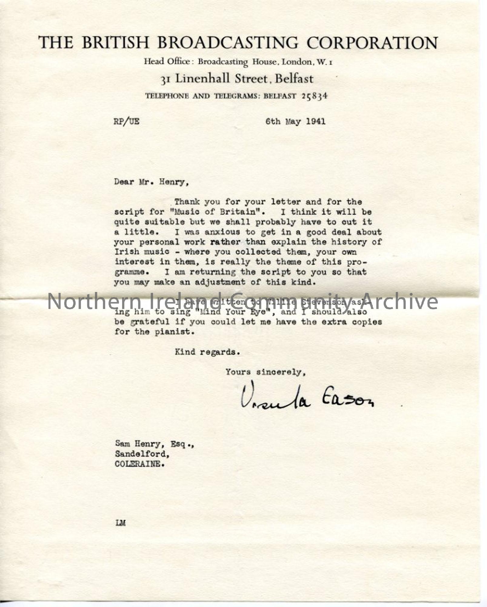 Letter from Ursula Eason of the BBC, dated 6.5.1941