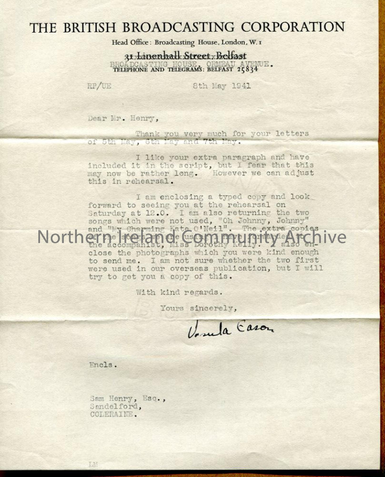 Letter from Ursula Eason of the BBC, dated 8.5.1941