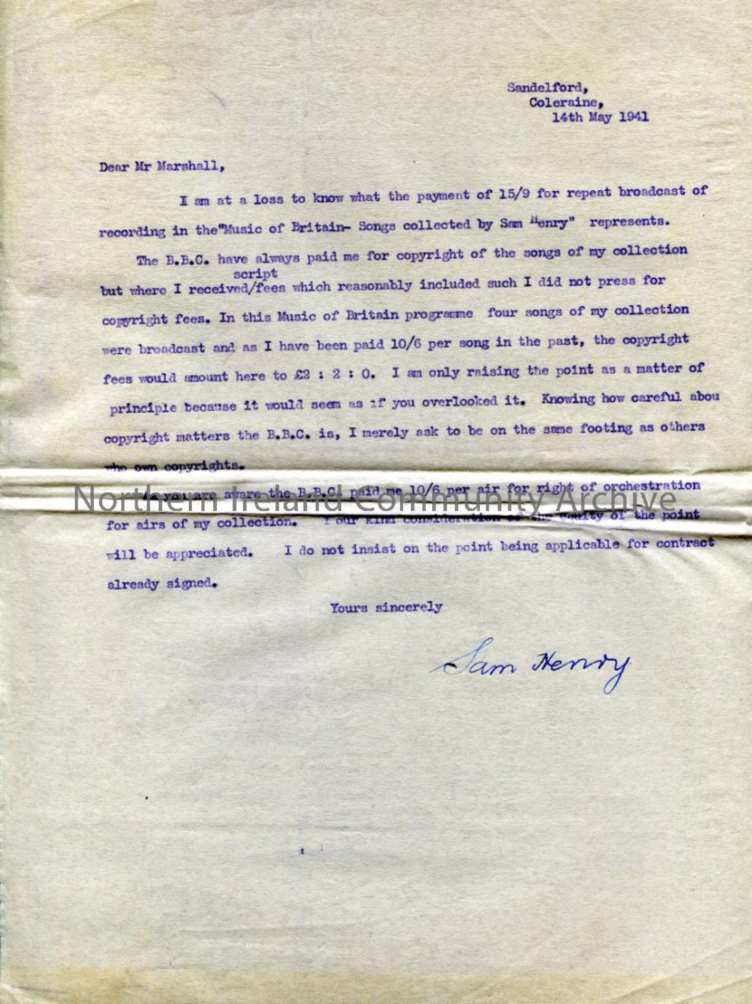 Letter to Mr Marshall of the BBC from Sam Henry, dated 14.5.1941