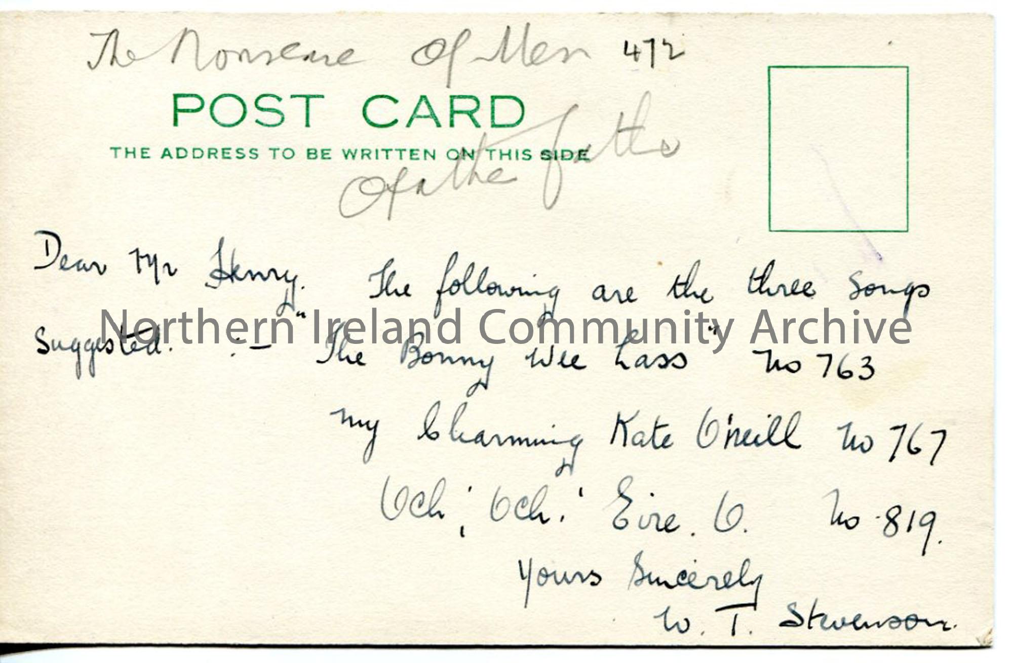 Handwritten Postcard from W T Stevenson