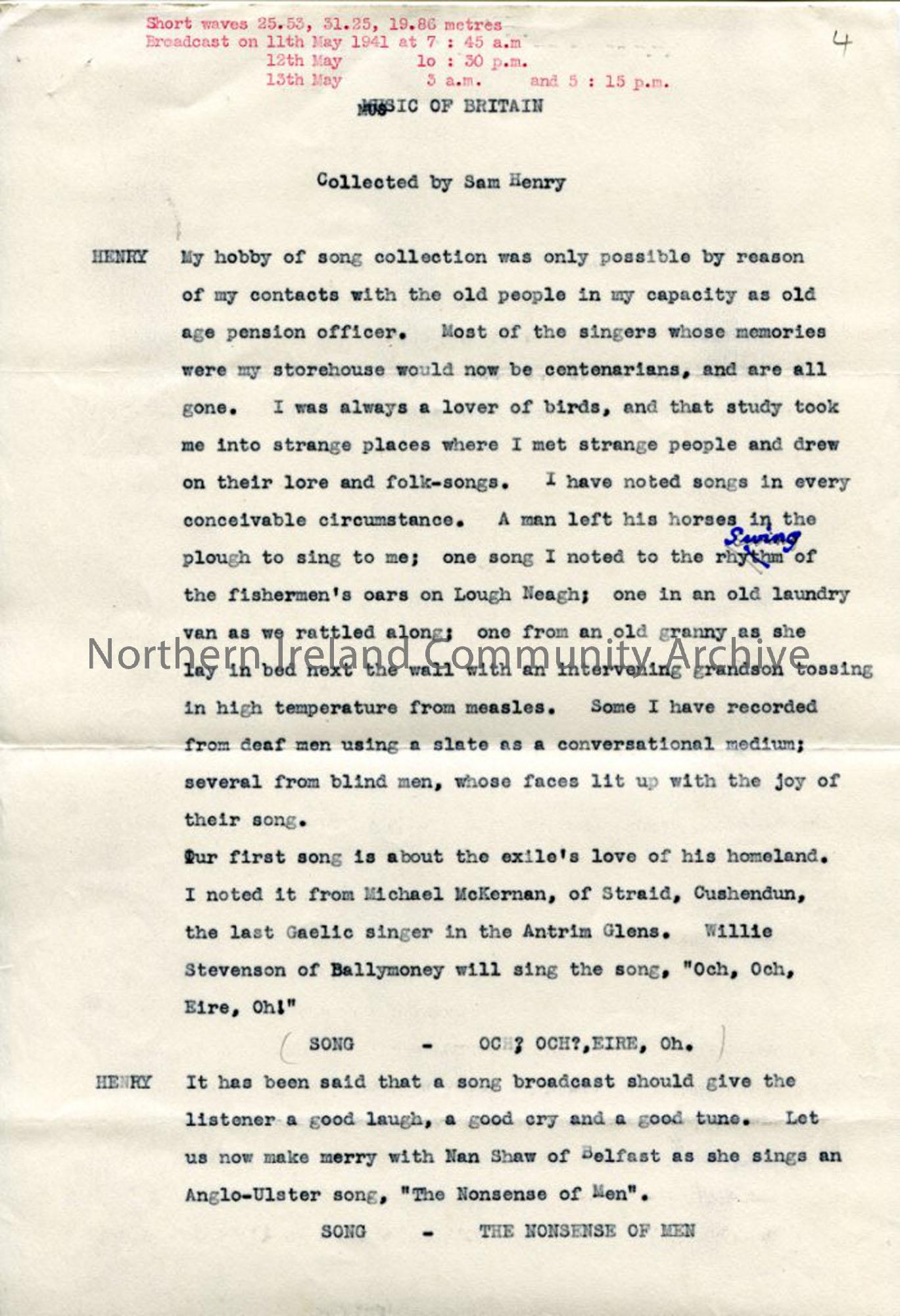 Page 1 of 2 – typed script under heading ‘Music of Britain – Collected by Sam Henry’