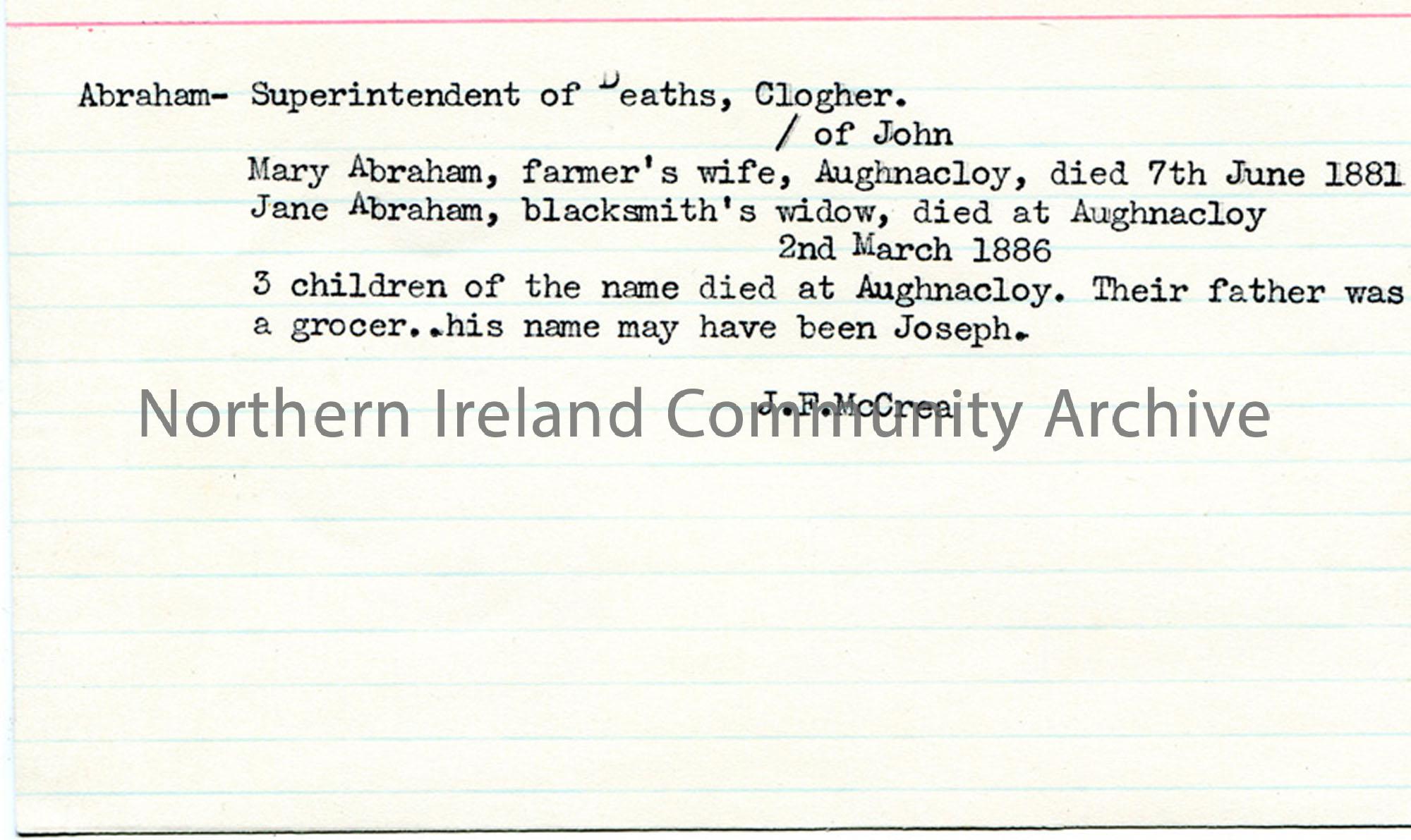 Notes re Abrahams of Aughnacloy
