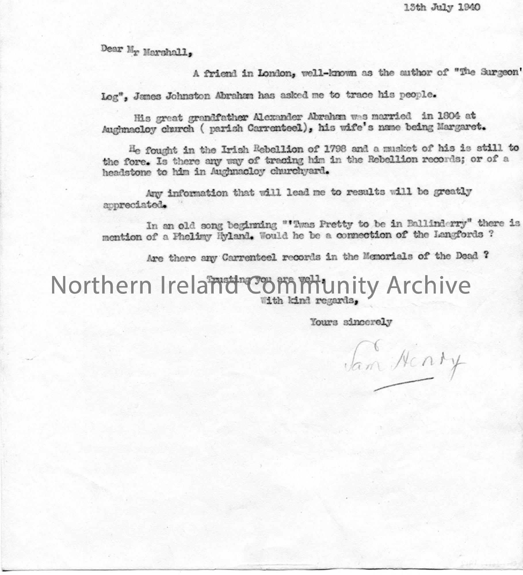 Letter to Mr Marshall 13.7.1940