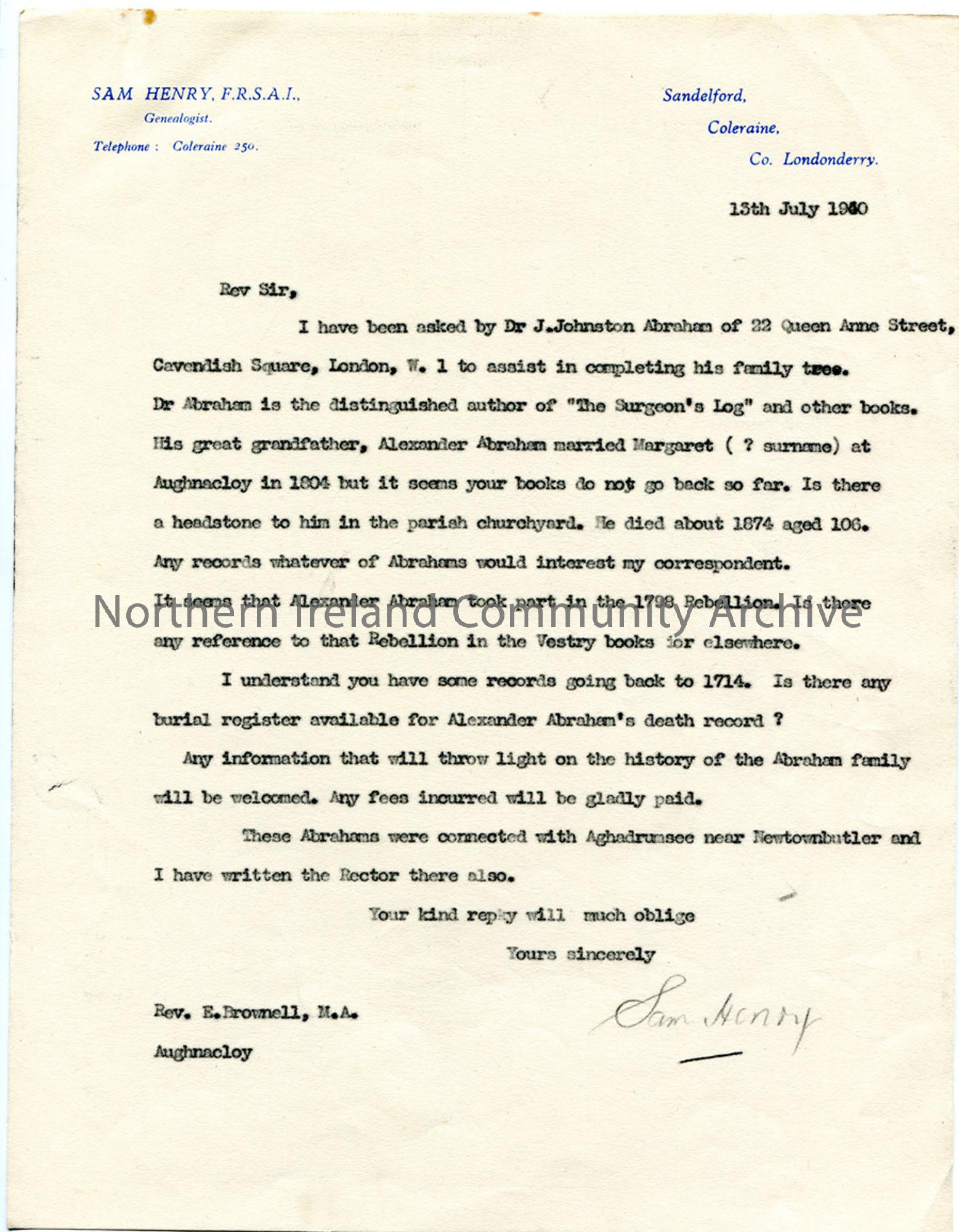 Letter to Rev. E. Brownell 13.7.1940