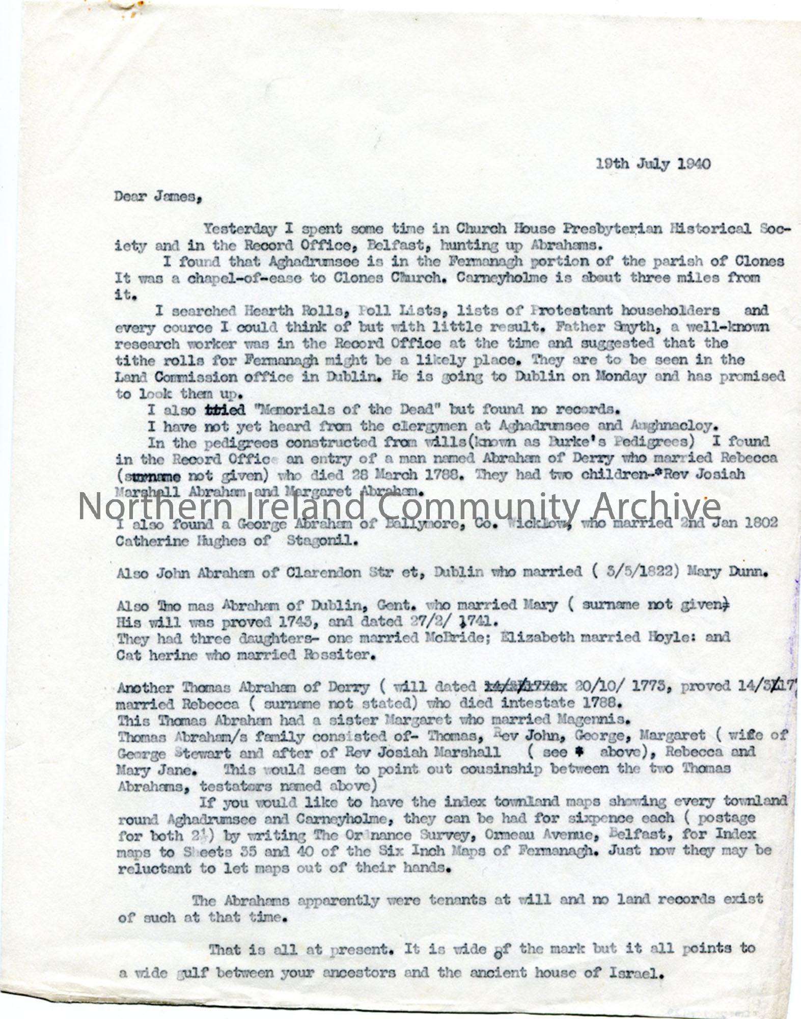 Letter to James Johnston Abraham 19.7.1940