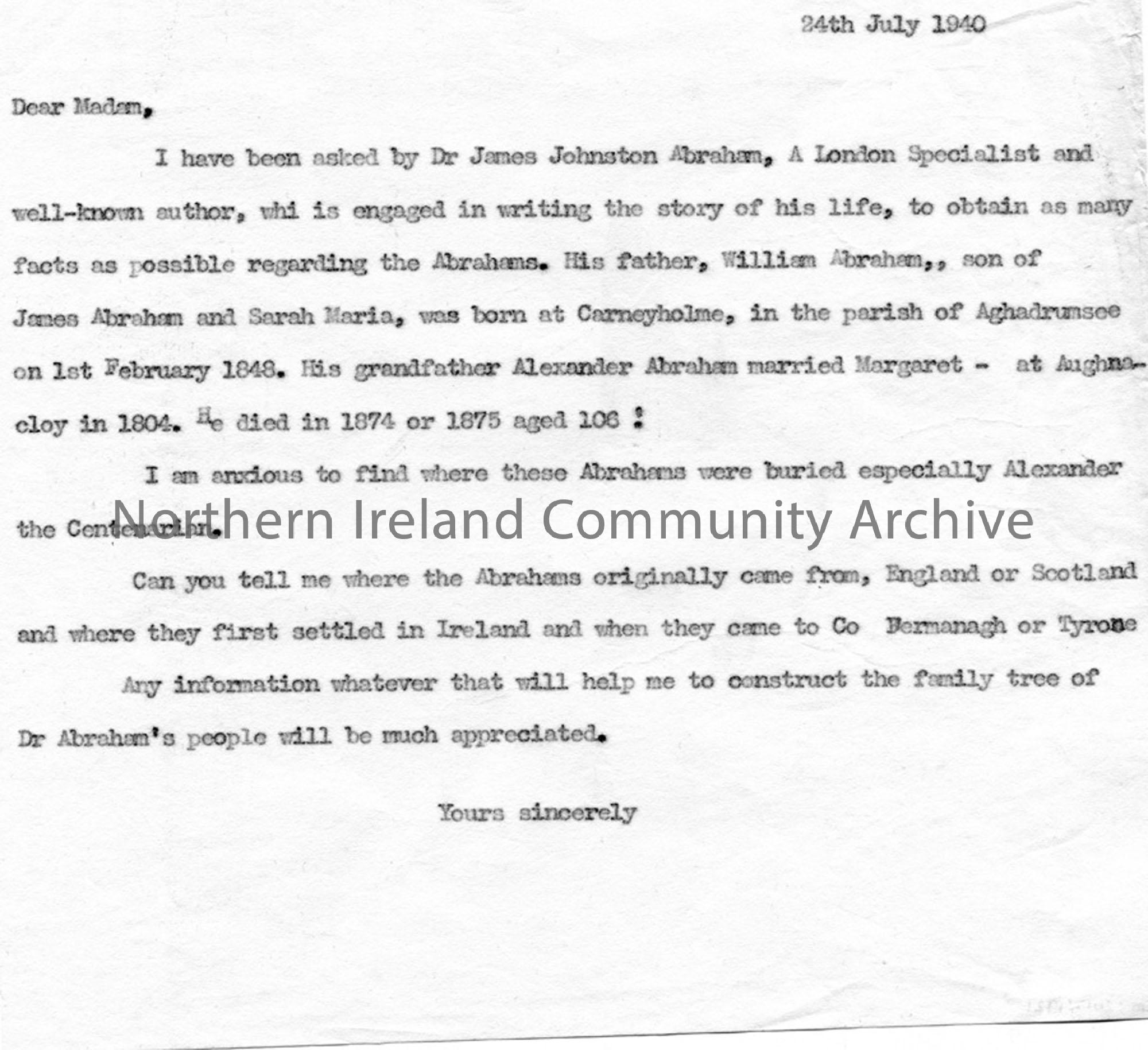 Letter to ‘Dear Madam’ 24.7.1940