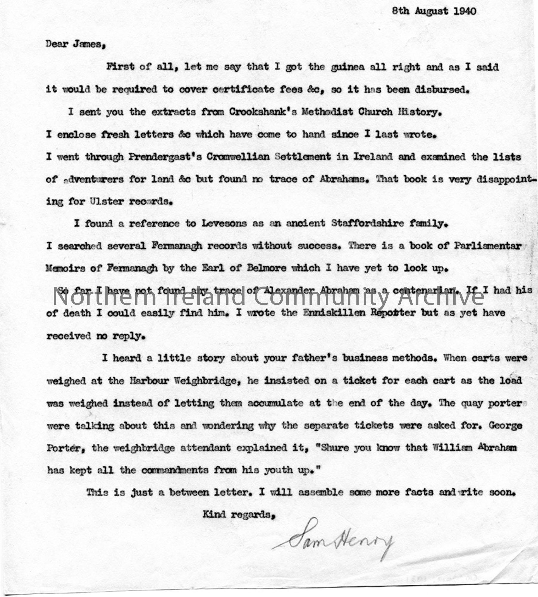 Letter to James Johnston Abraham 8.8.1940