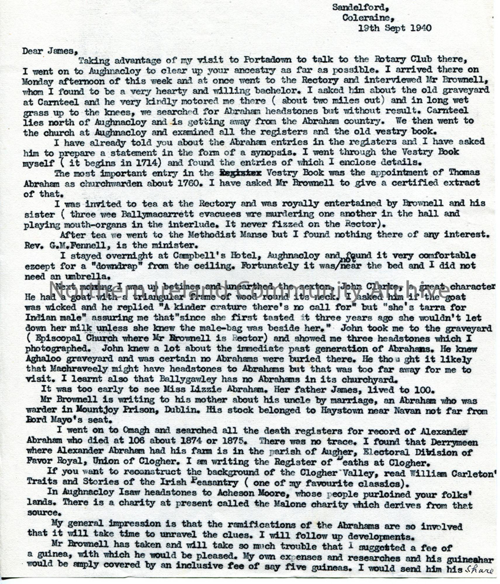 Letter to James Johnston Abraham 19.9.1940