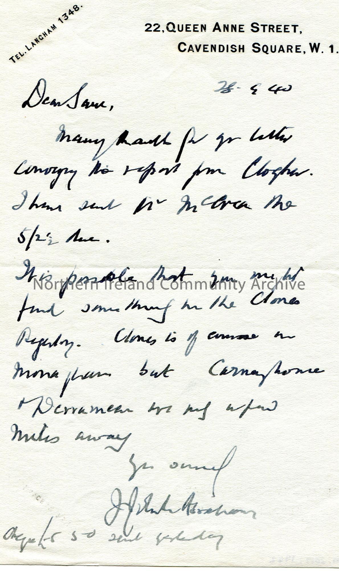 Letter from James Johnston Abraham 28.9.1940