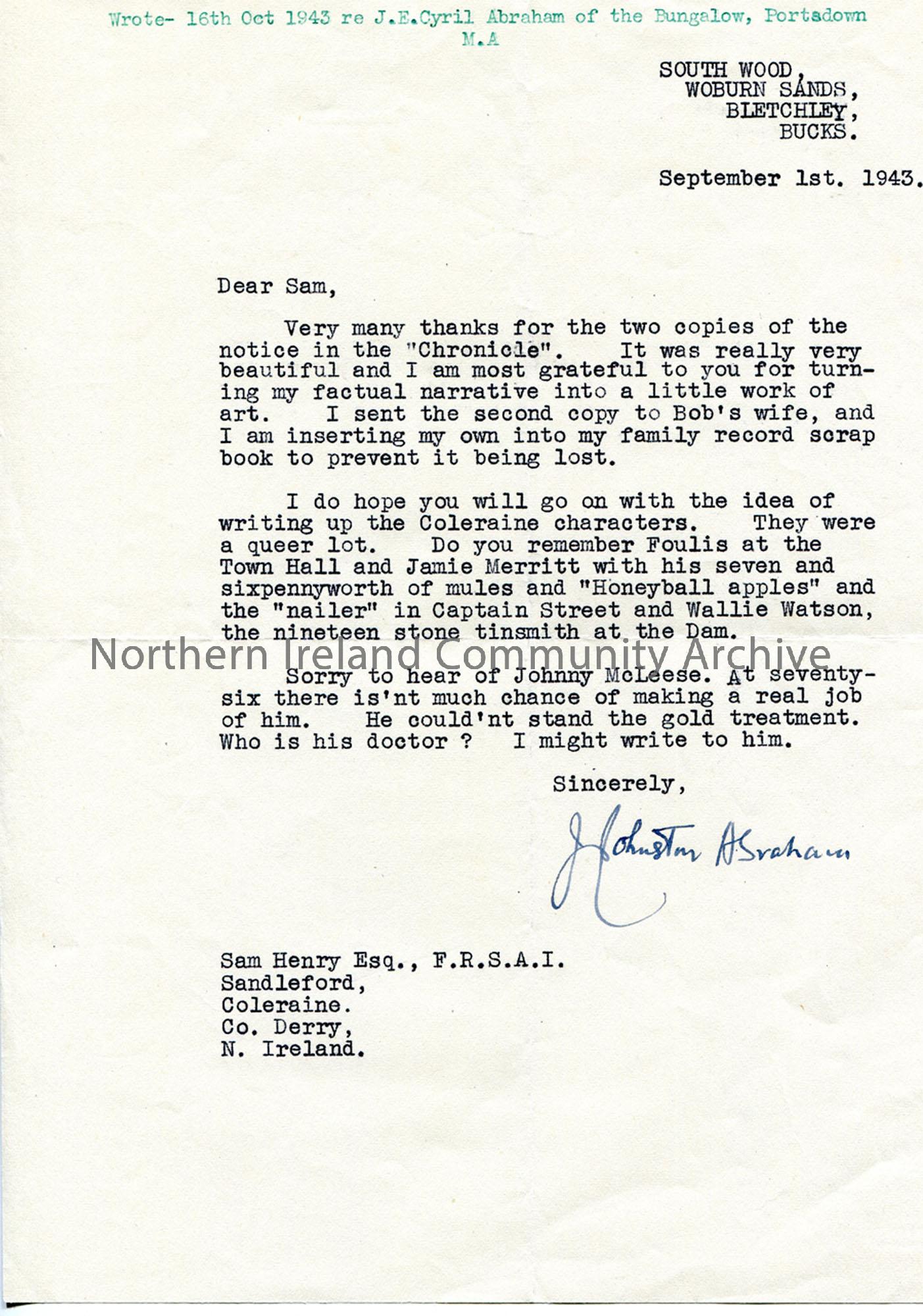 Letter from James Johnston Abraham 1.9.1943