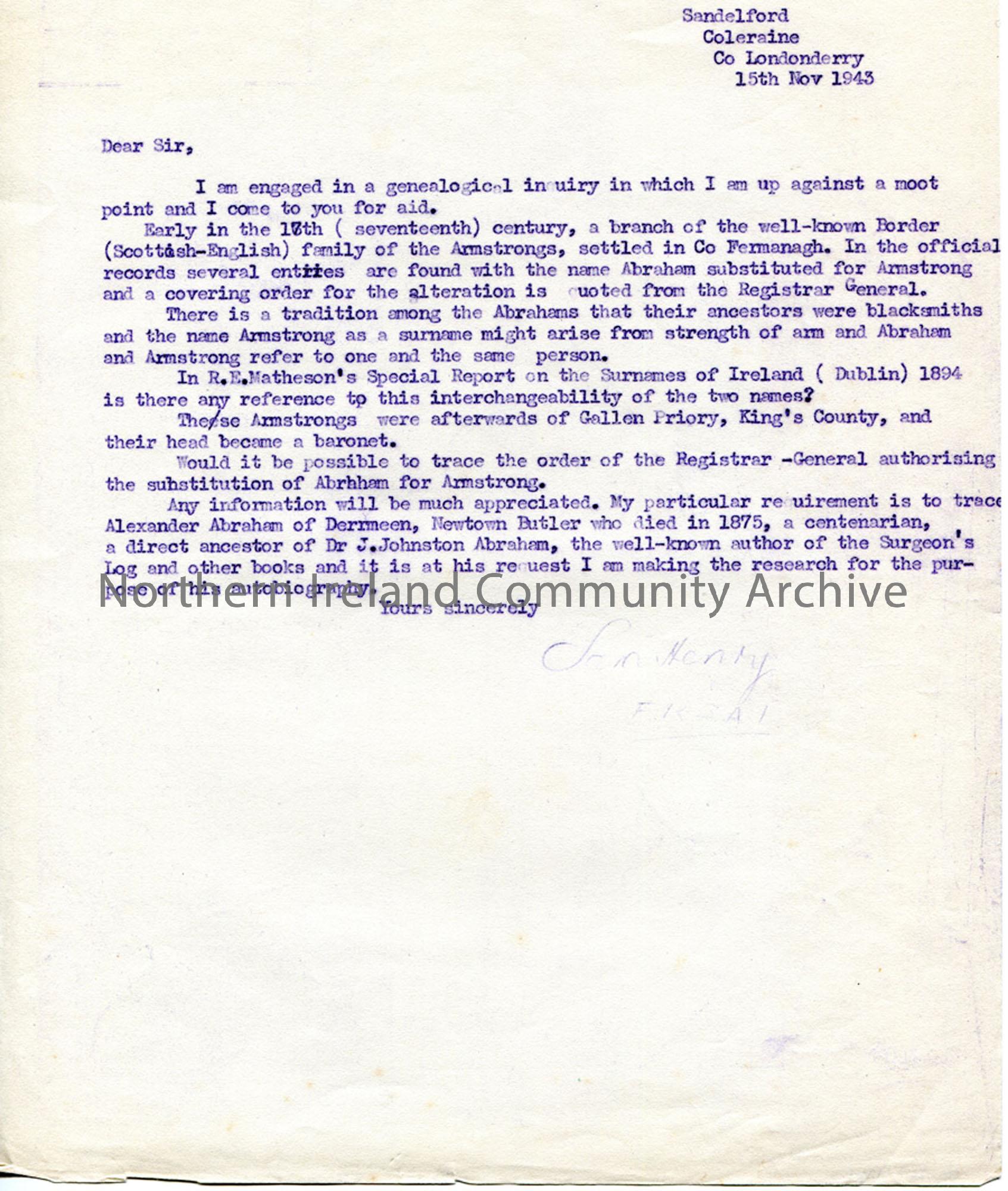 Letter from Sam Henry 15.11.1943
