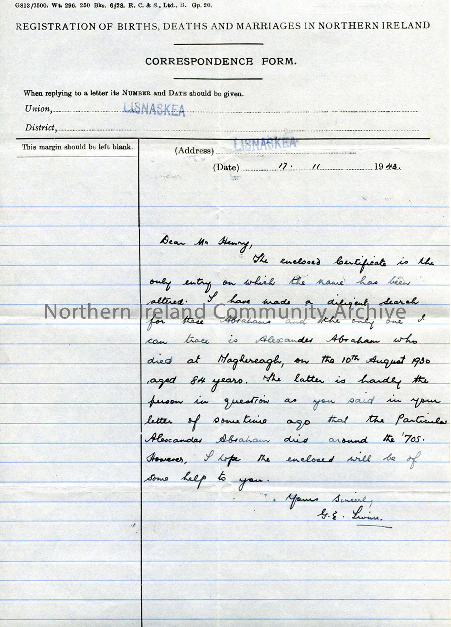 Letter from Miss G E Irvine 17.11.1943