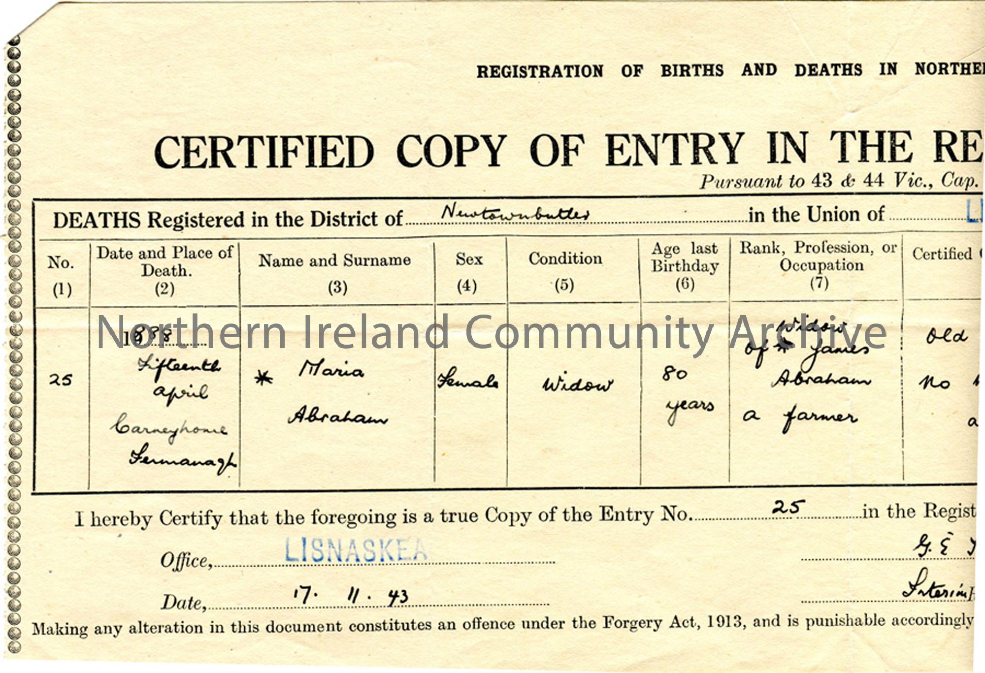 Death Certificate of Maria Abraham, Fermanagh