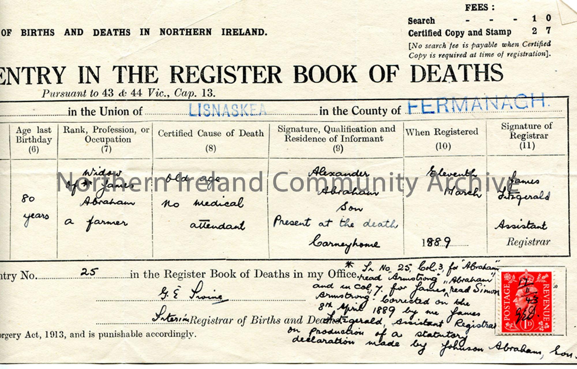 Death Certificate of Maria Abraham, Fermanagh (2)