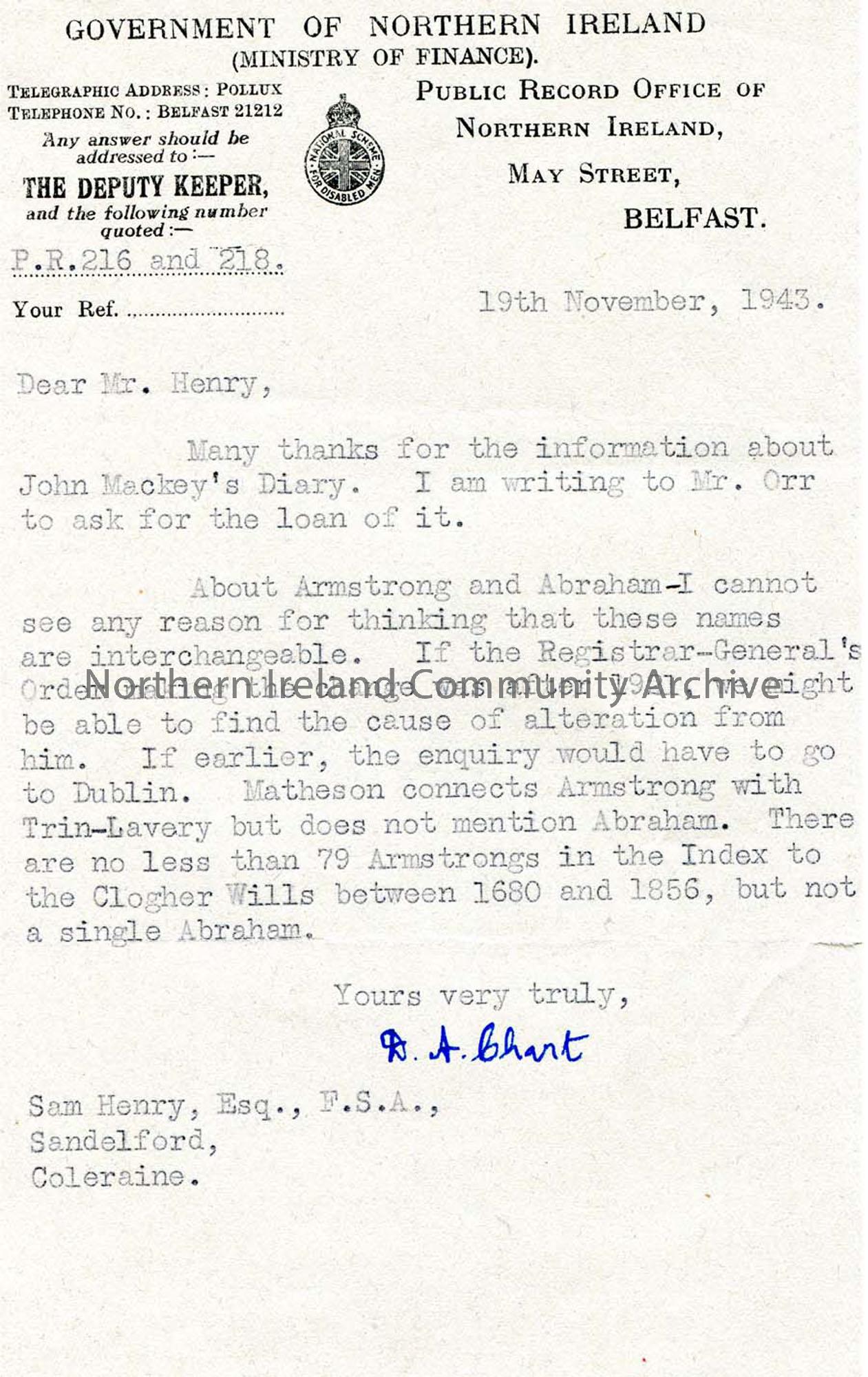 Letter from D. A. Chart 19.11.1943