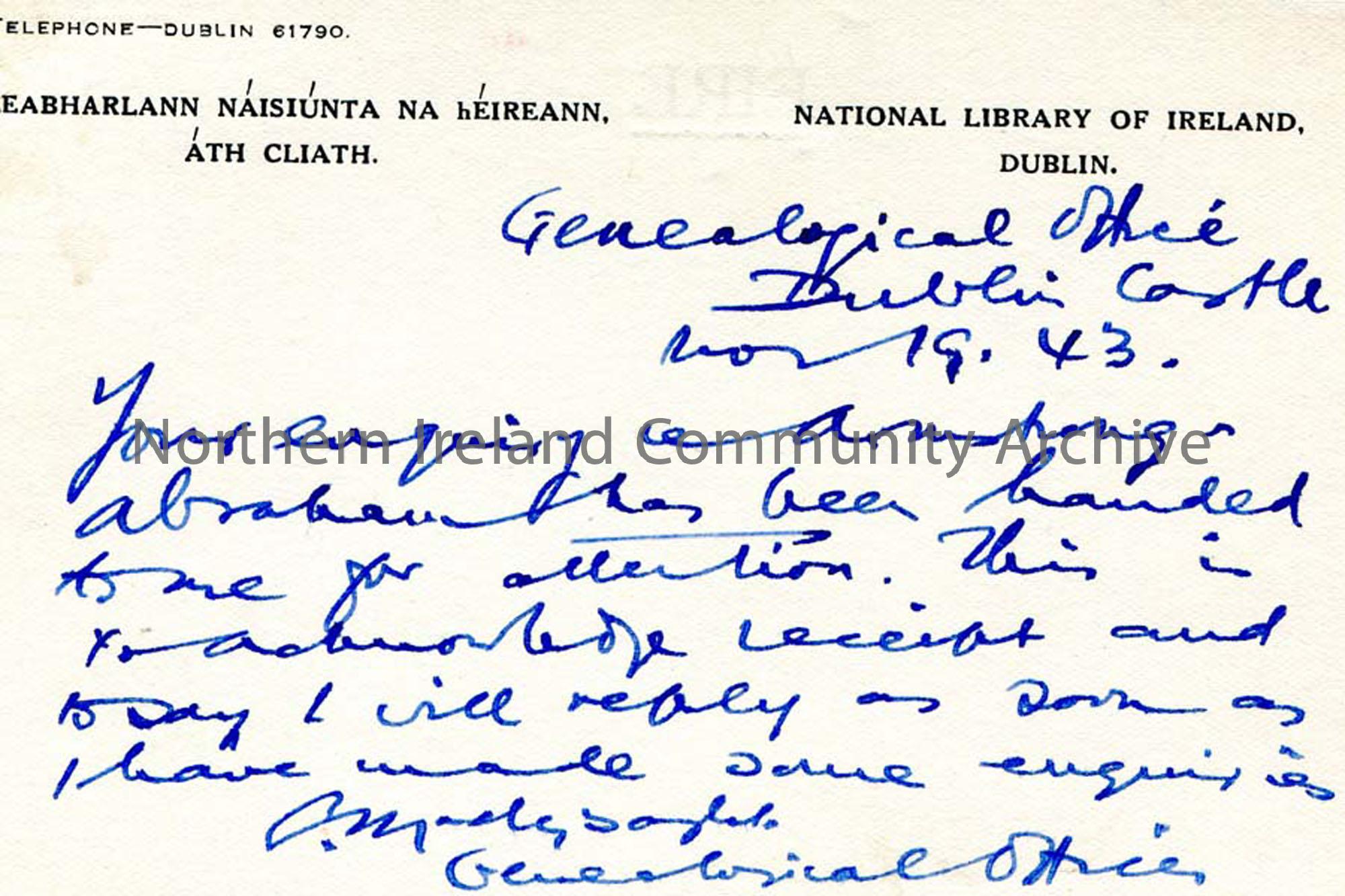 Postcard from Dublin Castle 19.11.1943