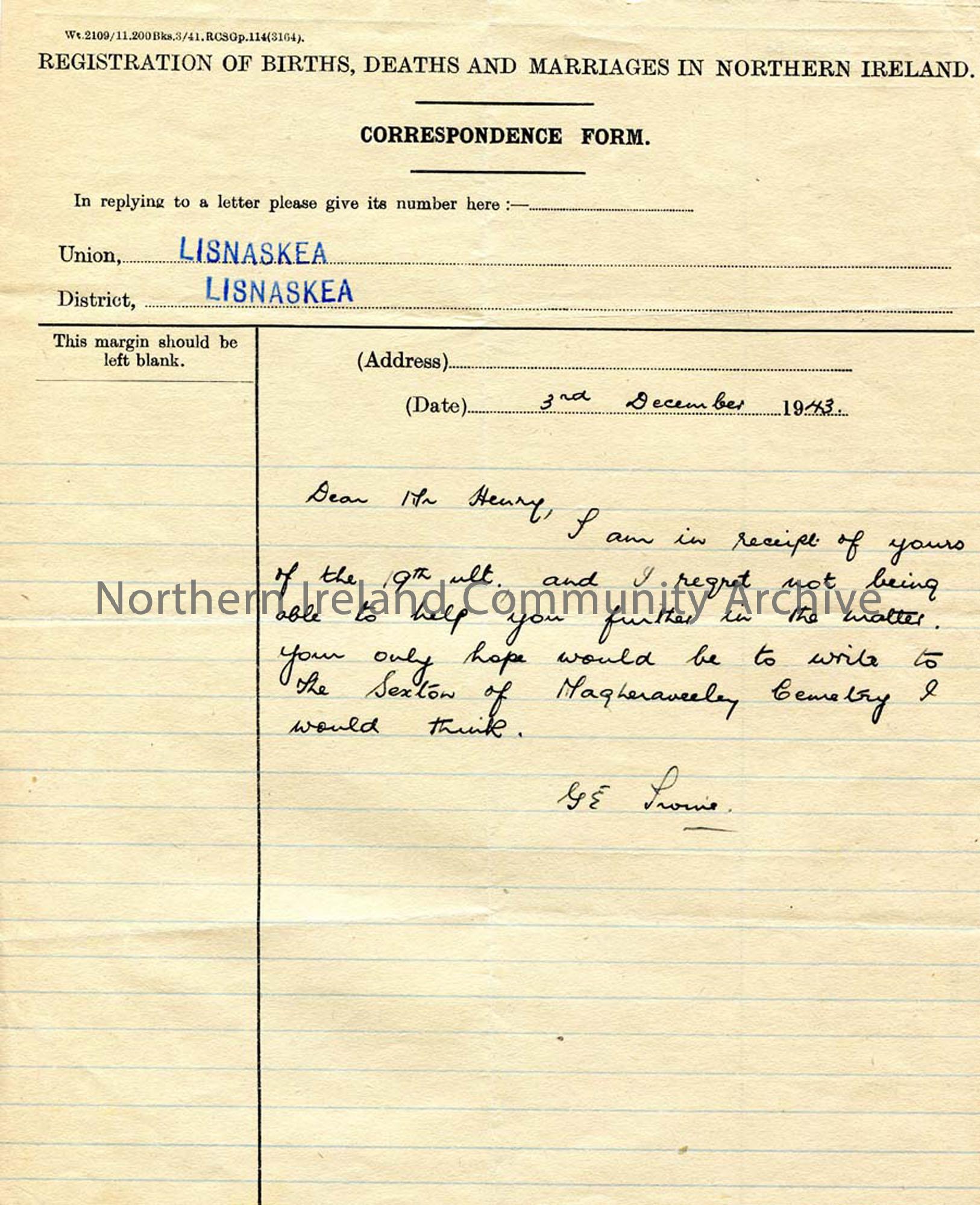 Letter from G E Irvine 3.12.1943