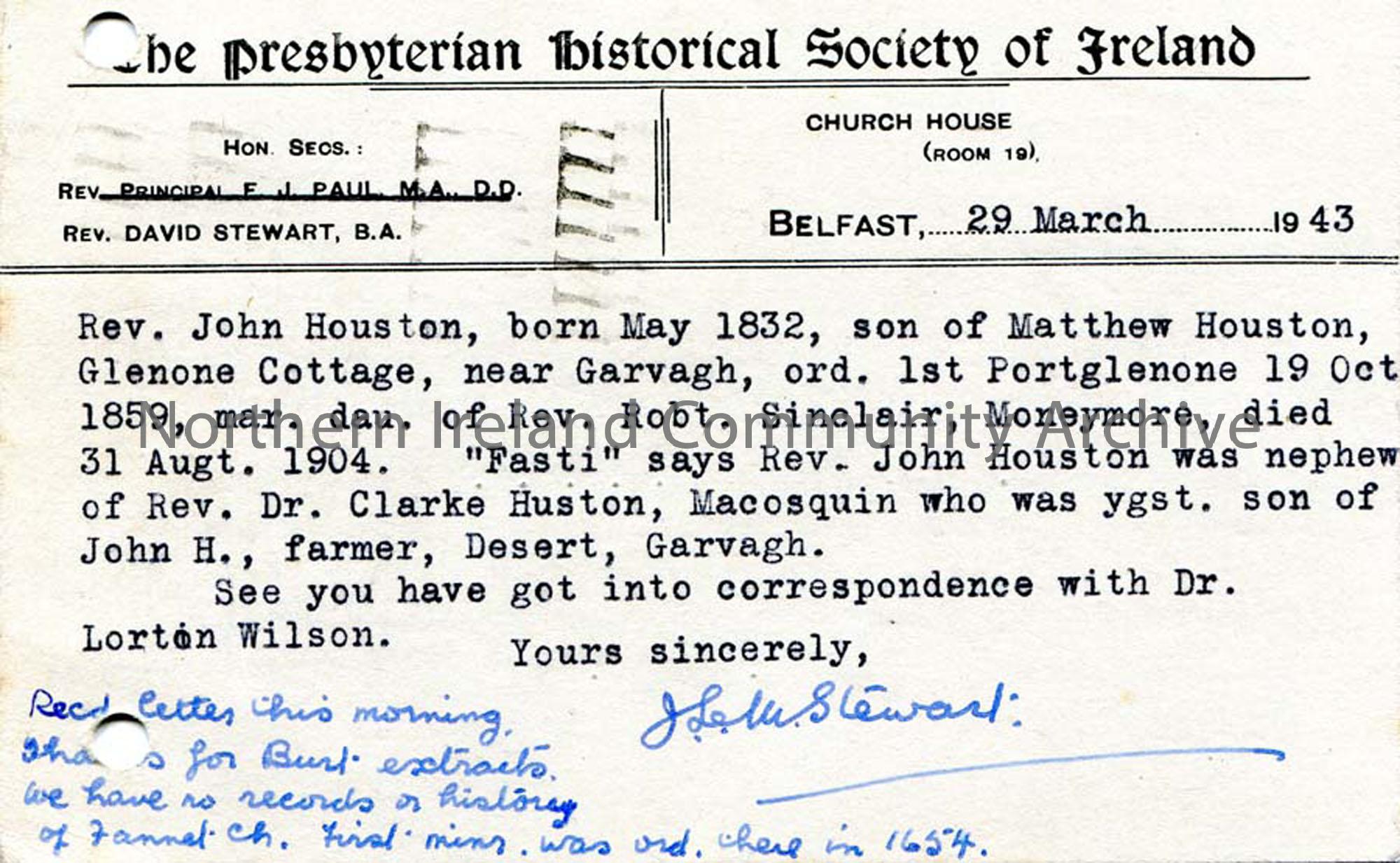 Postcard from J Stewart 29.3.1943