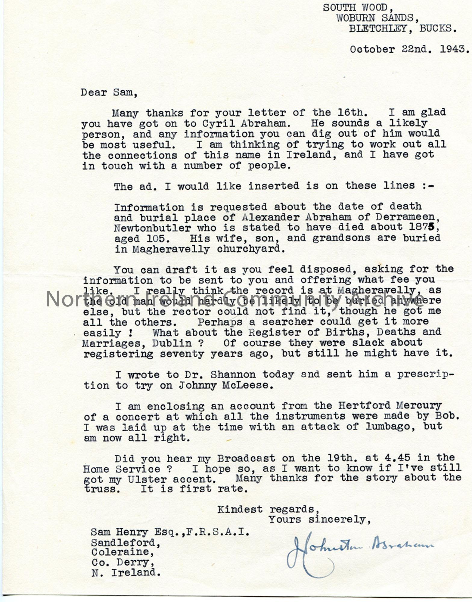 Letter from James Johnston Abraham 22.10.1943