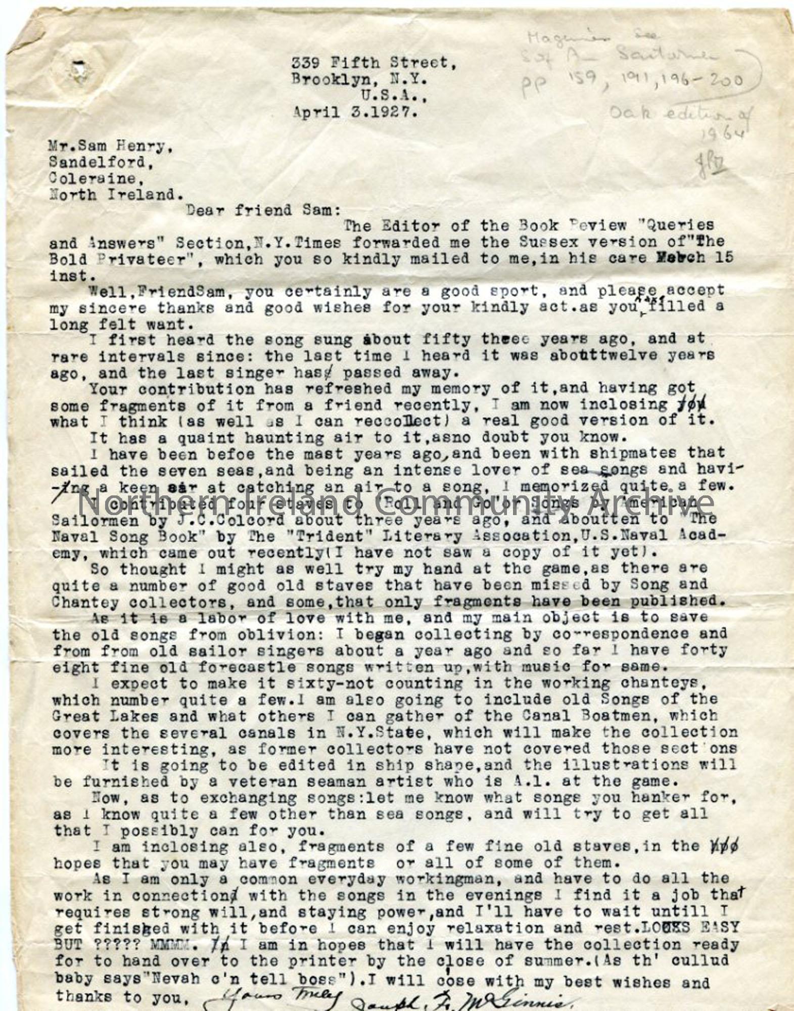 Letter from Joseph McGinnis, 3rd April 1927