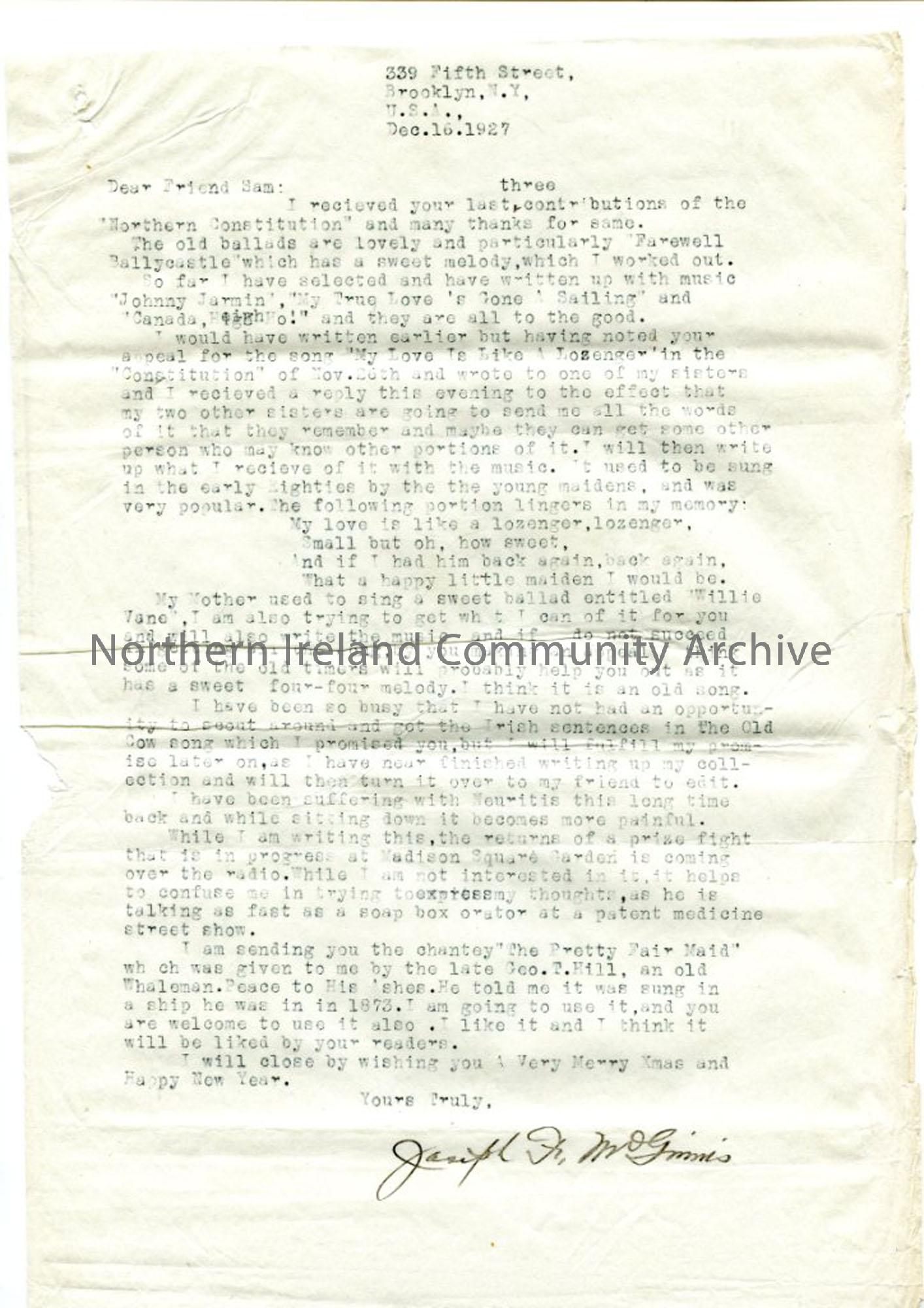 Letter from Joseph McGinnis, 16th December 1927