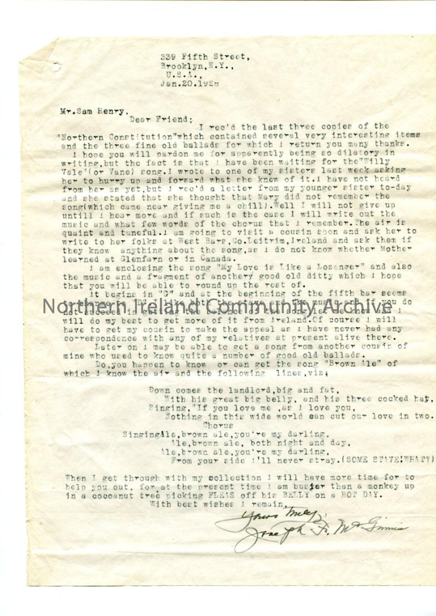 Letter from Joseph McGinnis, 20th January 1928