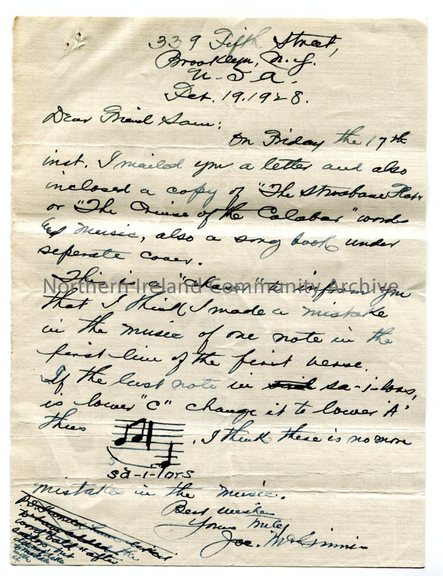 Letter from Joseph McGinnis, 19th February 1928