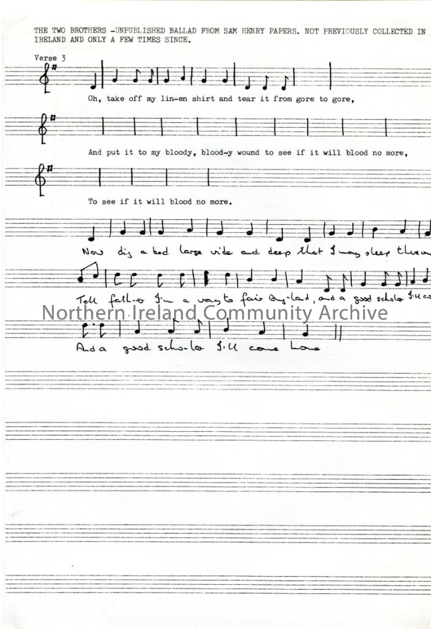 Two verses of ‘The Two Brothers’ set to music.