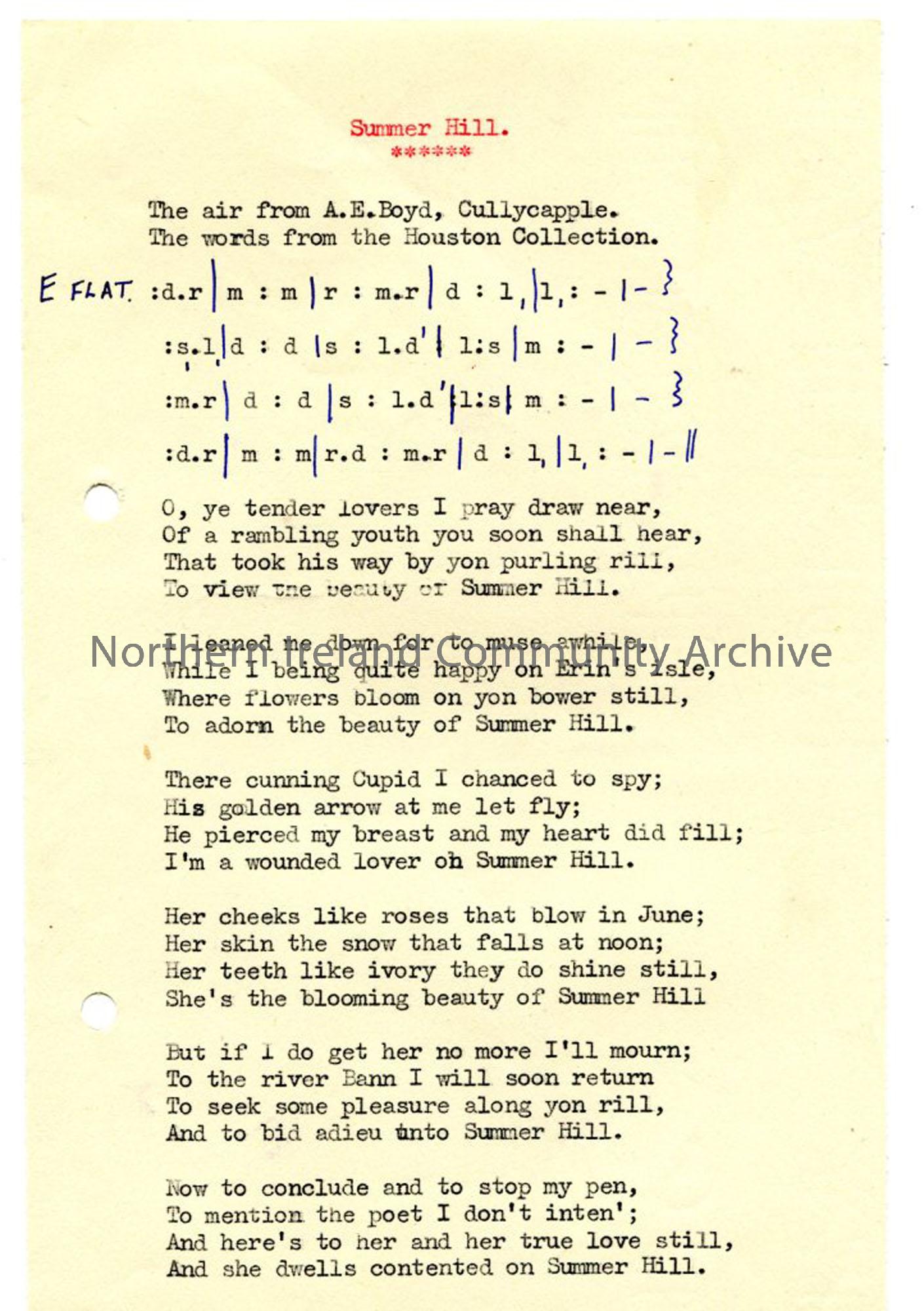 Typed words and tonic sol-fa notation of ‘Summer Hill’