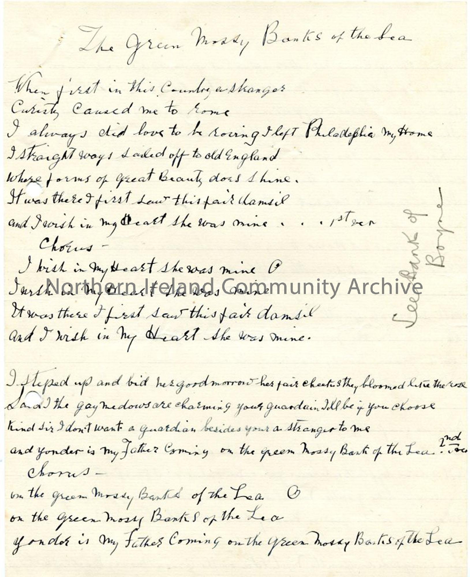 Page 1 – Handwritten words to ‘The Green Mossy Banks of the Lea’