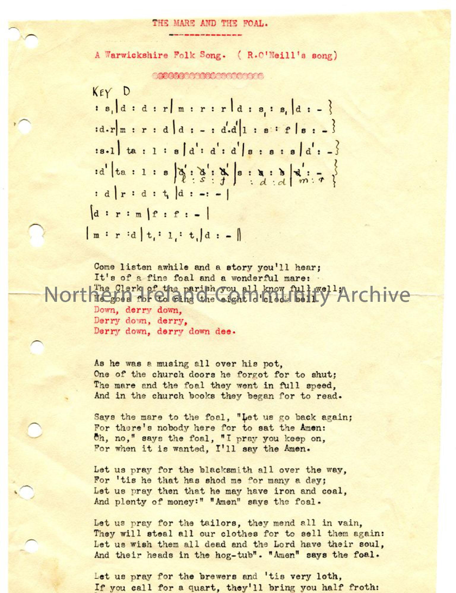 Typed words and tonic sol-fa notation to alternative version of ‘The Mare and The Foal’.