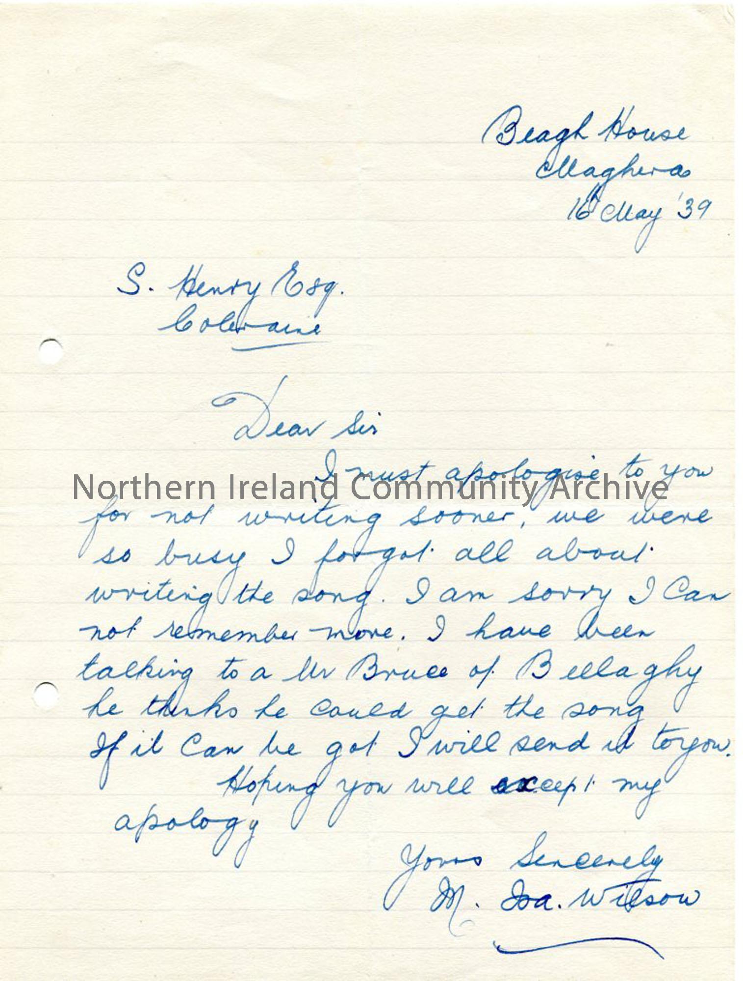 Letter to Sam Henry from M J A Wilson, 16th May 1939