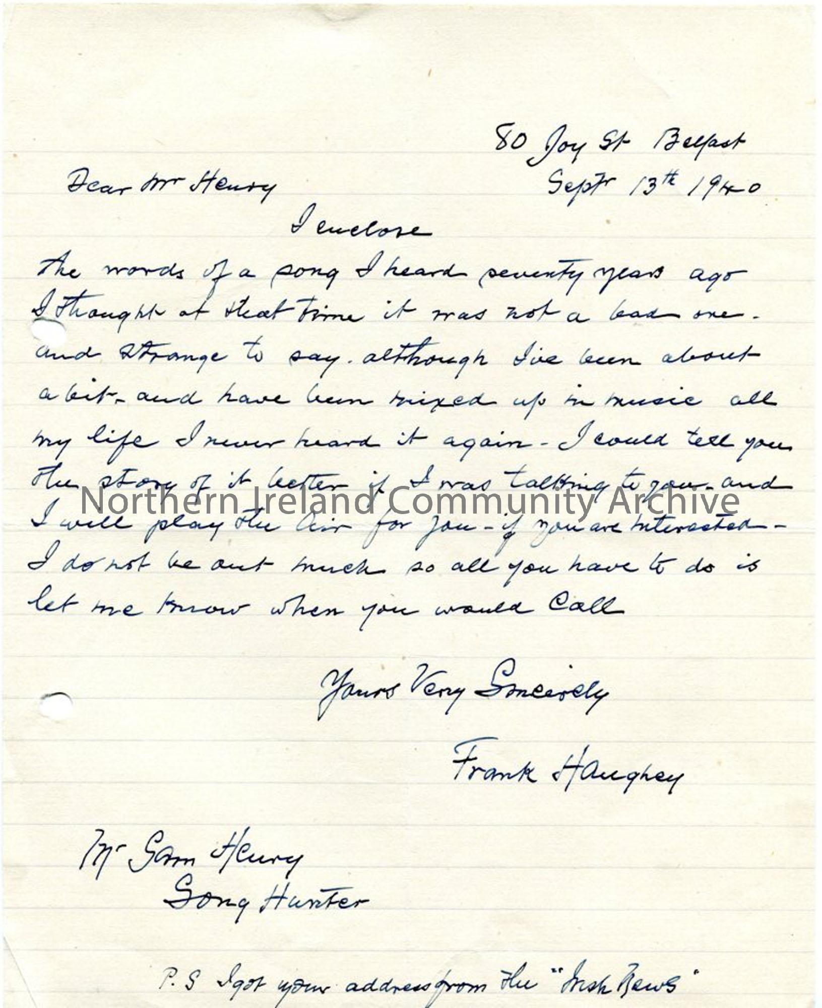 Letter to Sam Henry from Frank Haughey, 13th September 1940