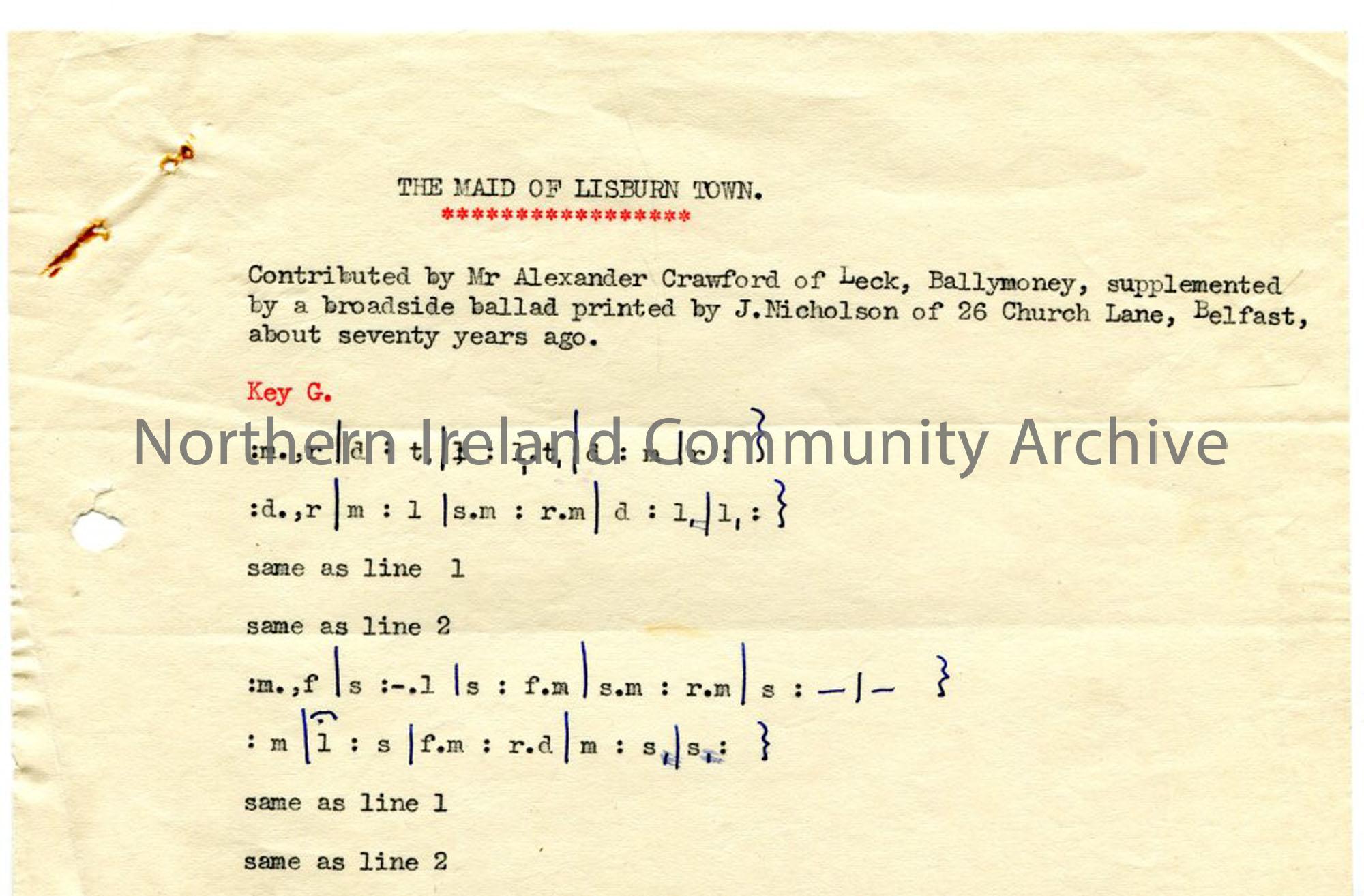 Typed tonic sol-fa notation to ‘The Maid of Lisburn Town’