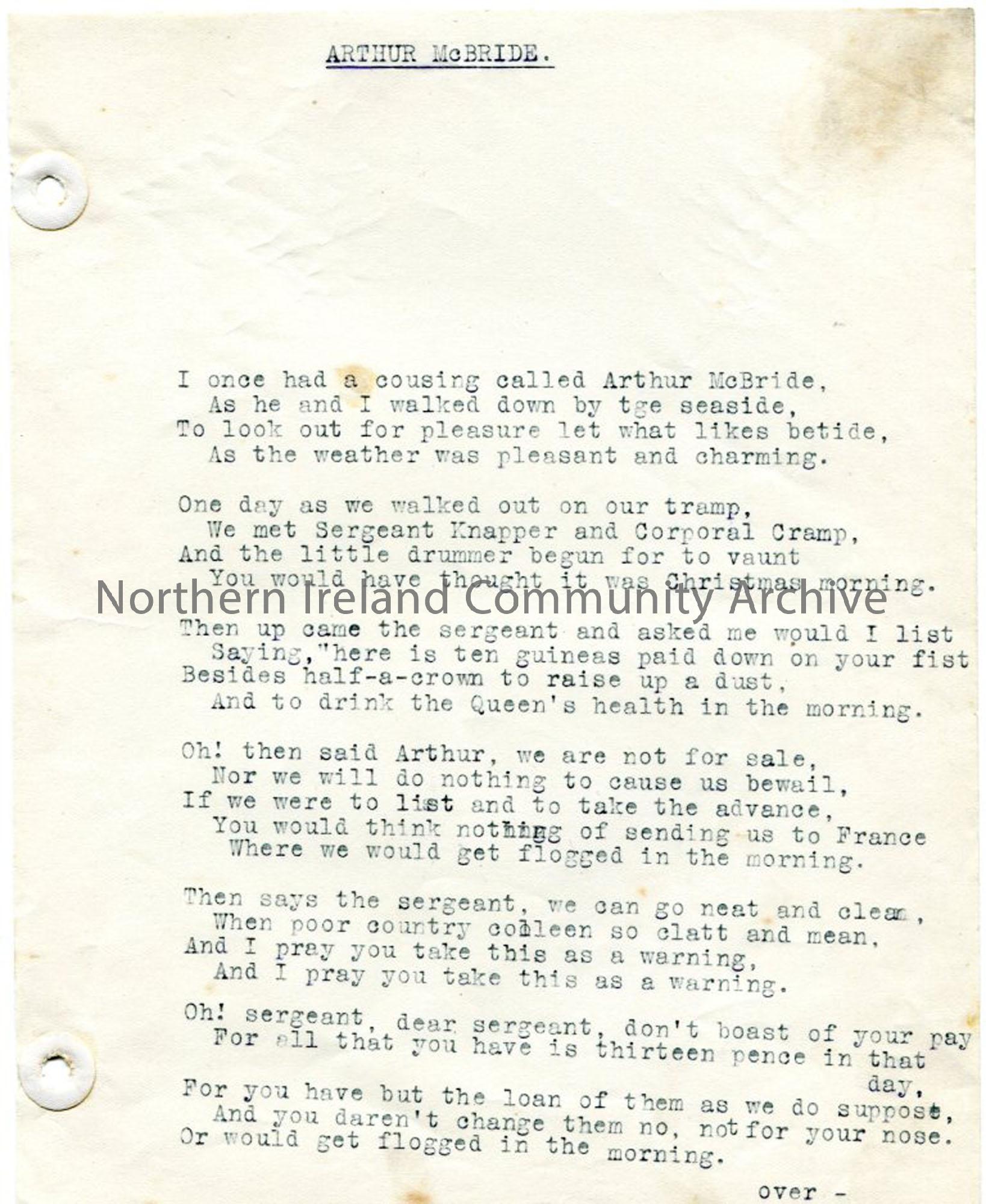 Page one of two pages containing typed words to ‘Arthur’ McBride’