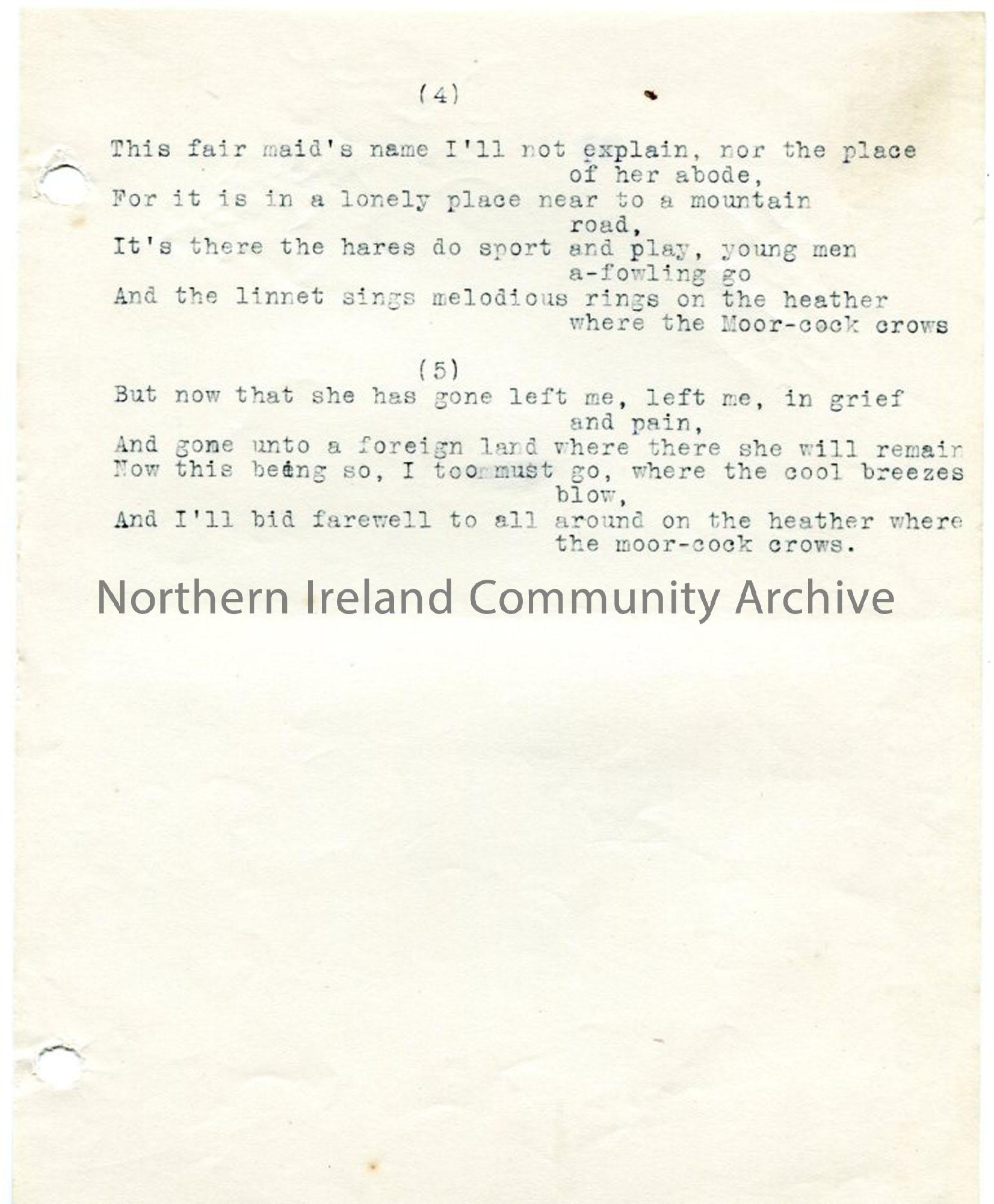 Page two of two pages – typed words to ‘On the Heather where The Moor-Cock Crows’