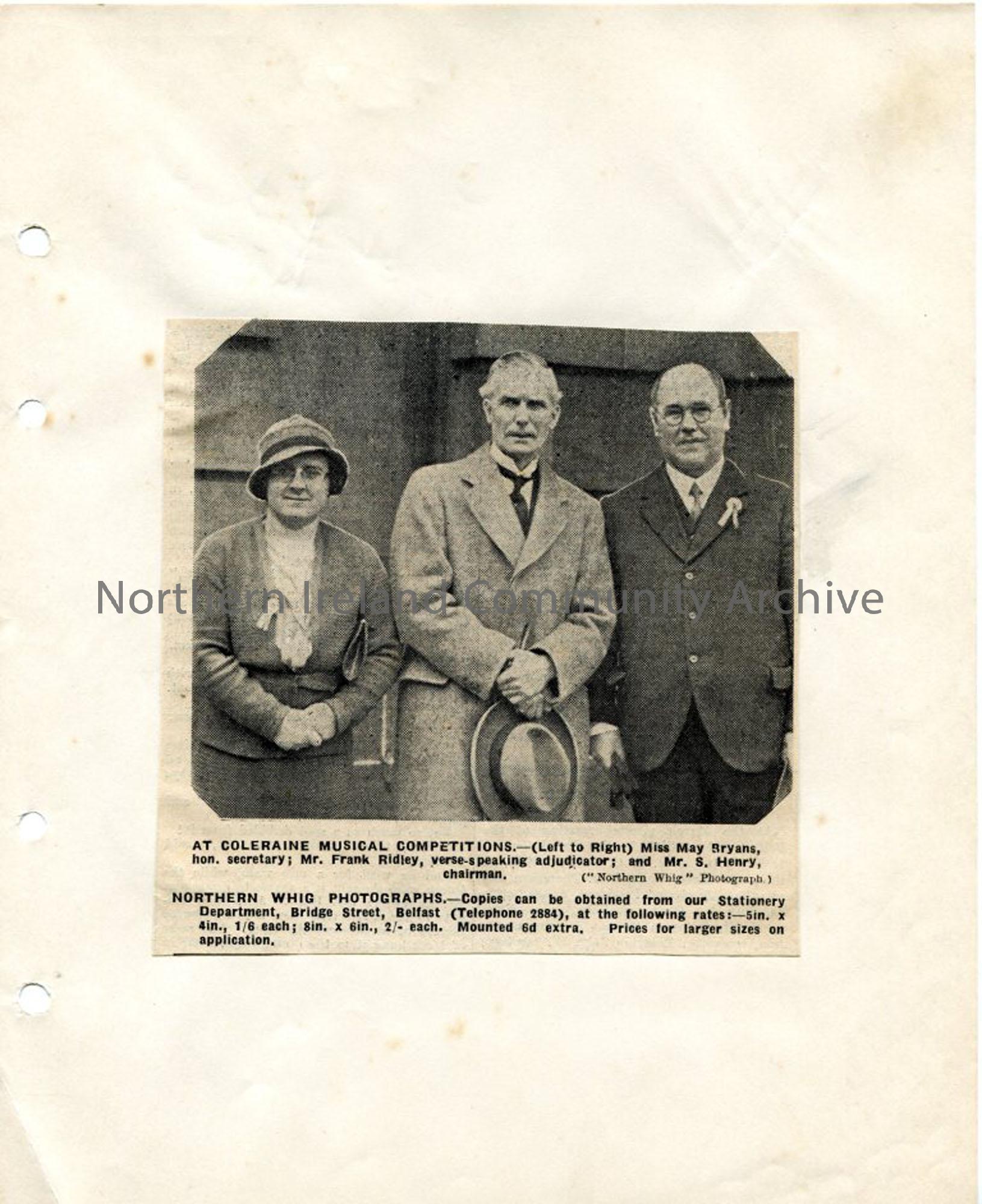 Photograph from newspaper – Coleraine Music Festival including the Chairman, Sam Henry