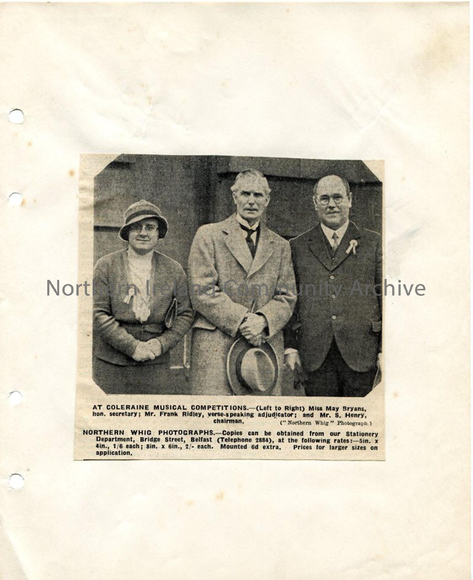 Photograph from newspaper – Coleraine Music Festival including the ...