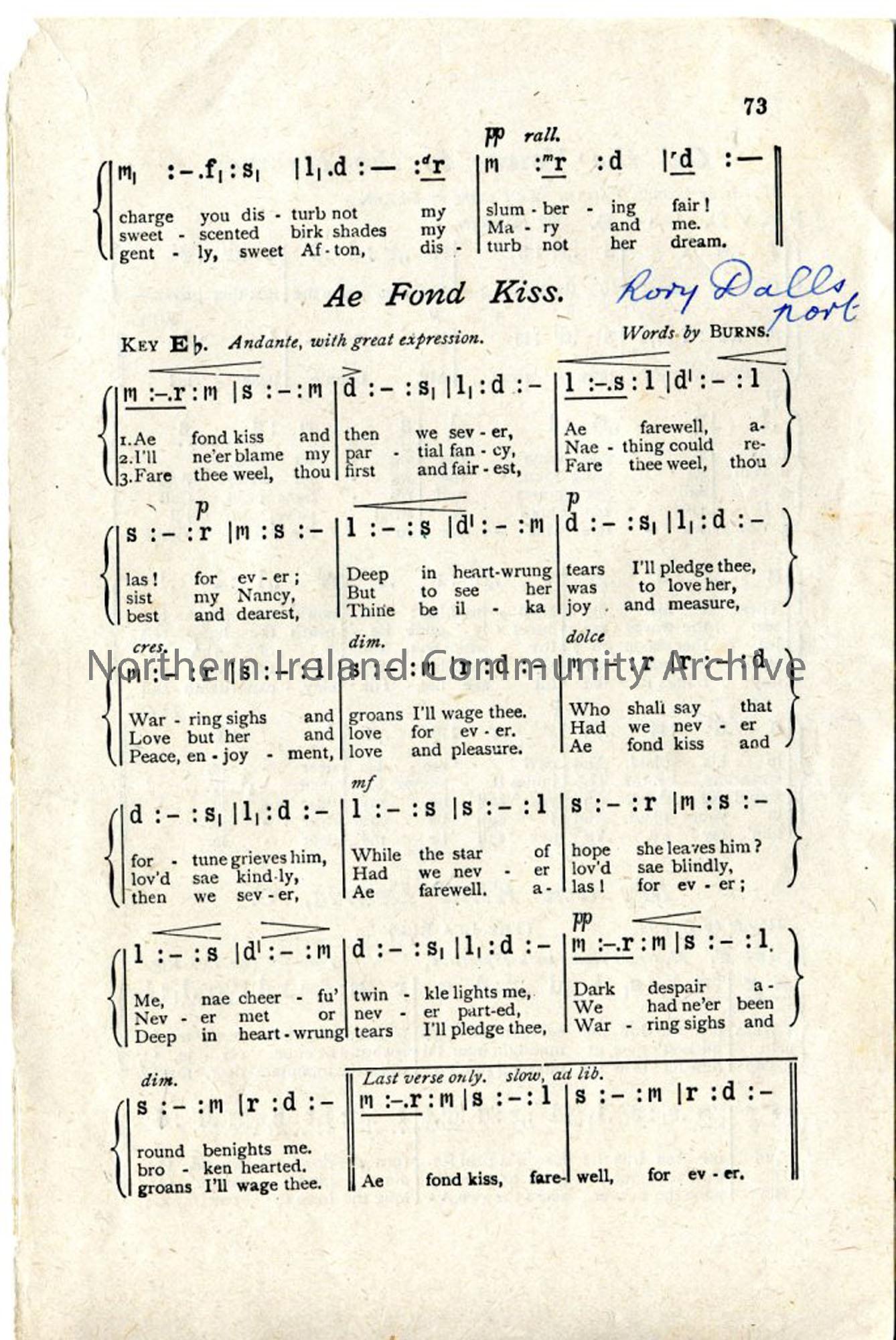 Page one of two – Printed words and tonic sol-fa notation, for poems by Robert Burns – ‘Ae Fond Kiss’, ‘My ain Kind Dearie, O’ and ‘Ca’ the Yowes to the Knowes’