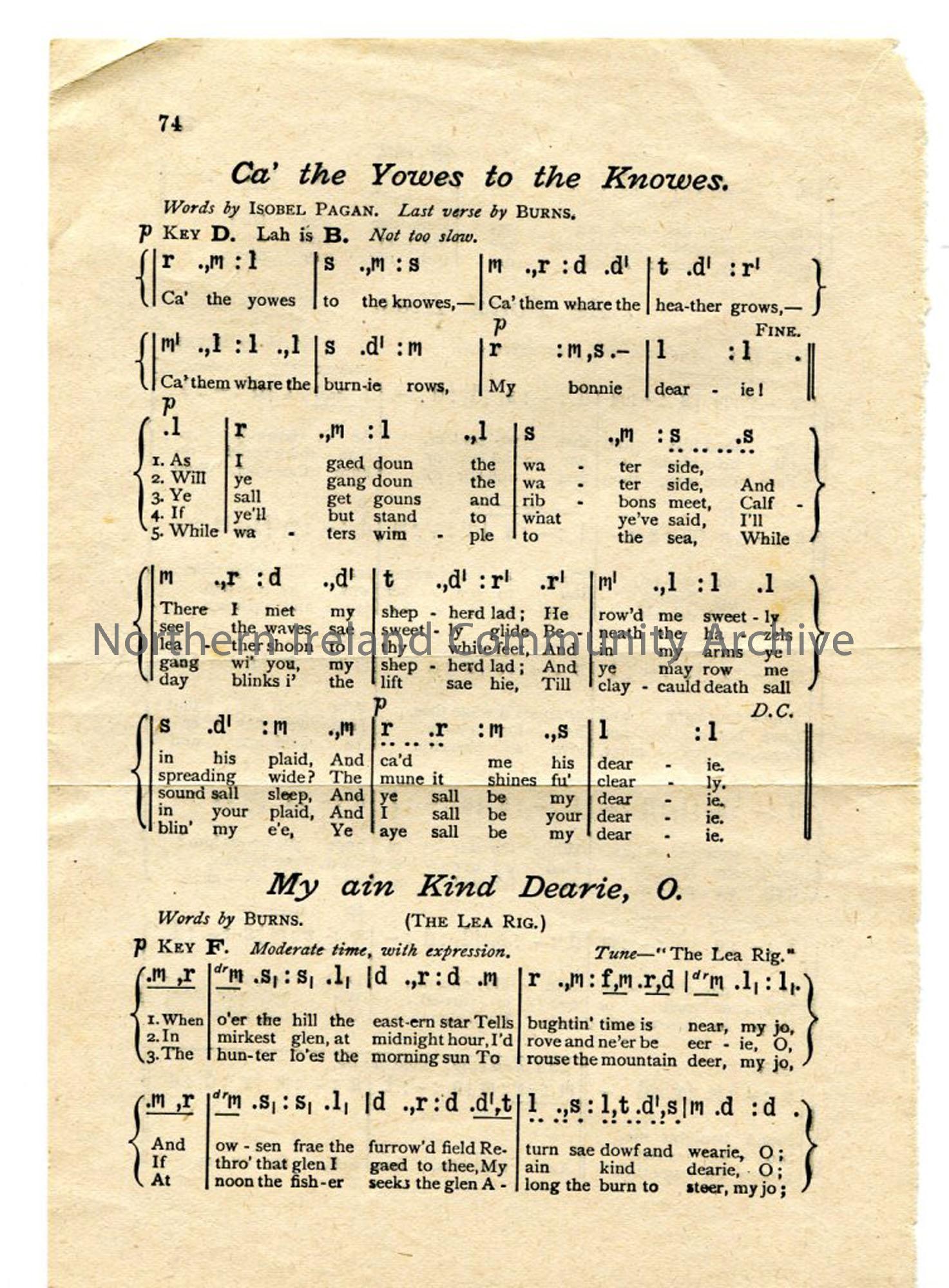 Page two of two – Printed words and tonic sol-fa notation, for poems by Robert Burns – ‘Ae Fond Kiss’, ‘My ain Kind Dearie, O’ and ‘Ca’ the Yowes to the Knowes’